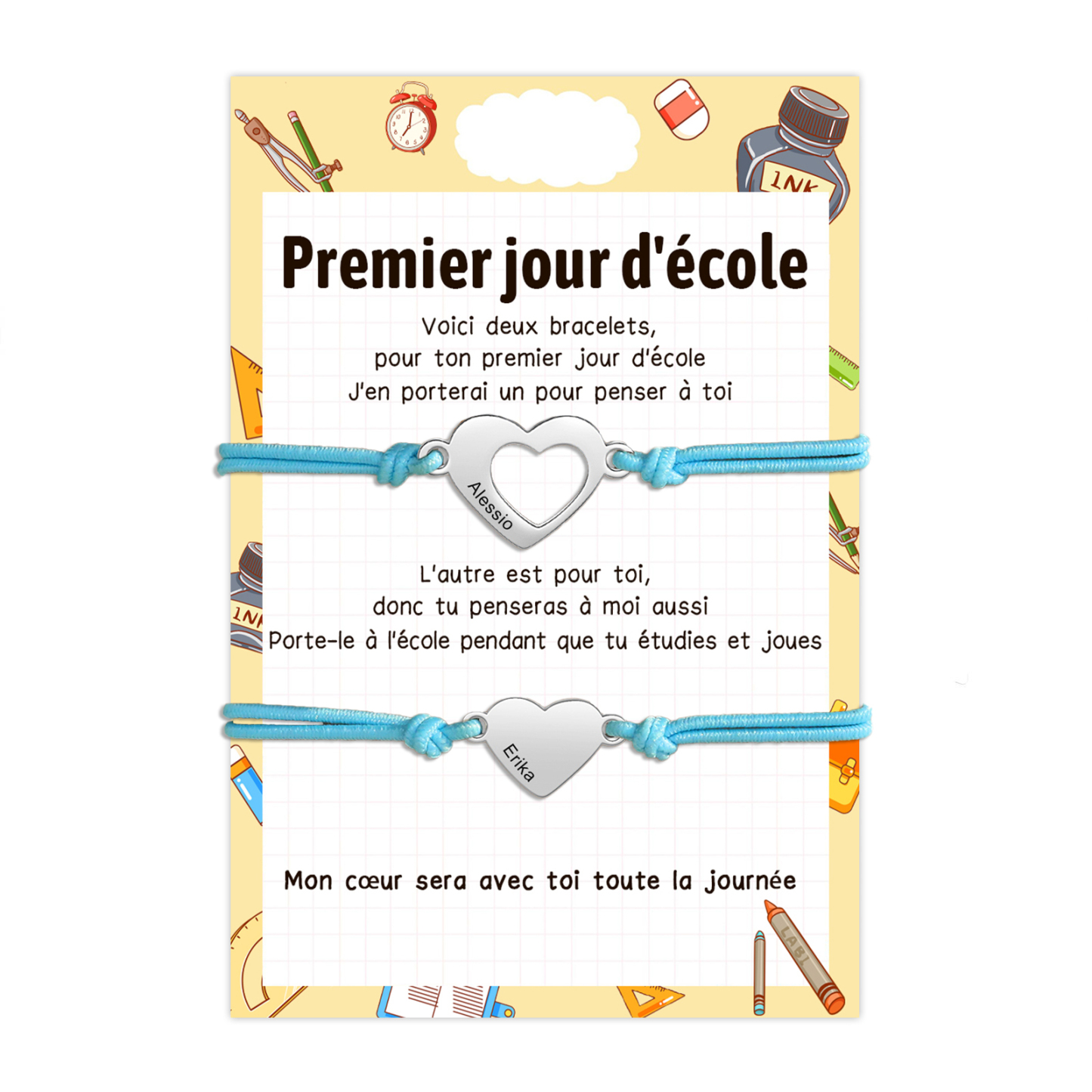 2PCS Bracelets Cœur 2 Prénoms Personnalisés Bracelet en Commun Cadeau Rentrée Scolaire｜Jessemade