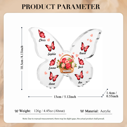 À Maman/Mamie - Plaque Acrylique en forme de Papillon 7 Prénoms et 1 Texte Personnalisés Decoration Fleurs et Papillons
