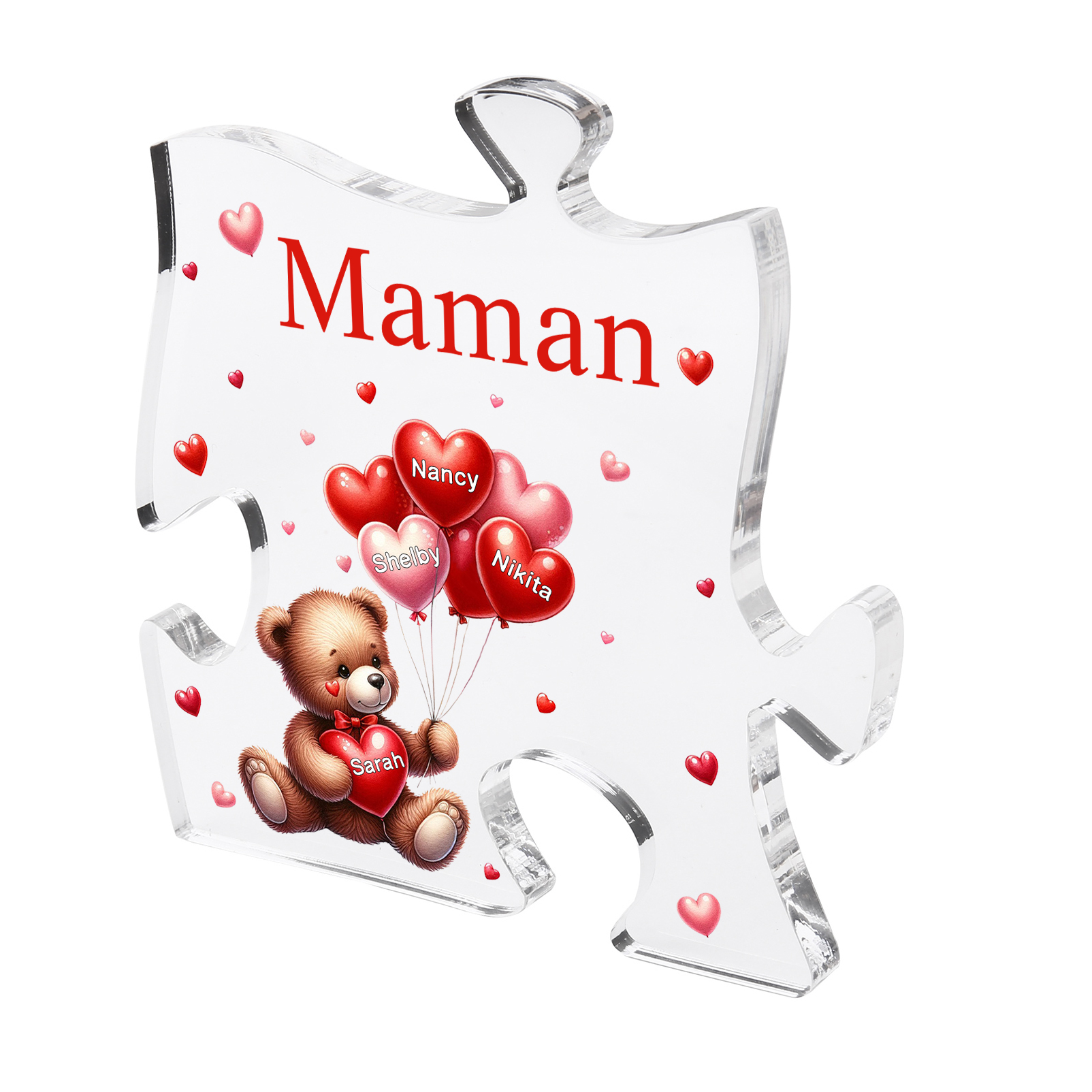 Plaque Acrylique en forme de Puzzle Ours 4 Prénoms et 1 Texte Personnalisés