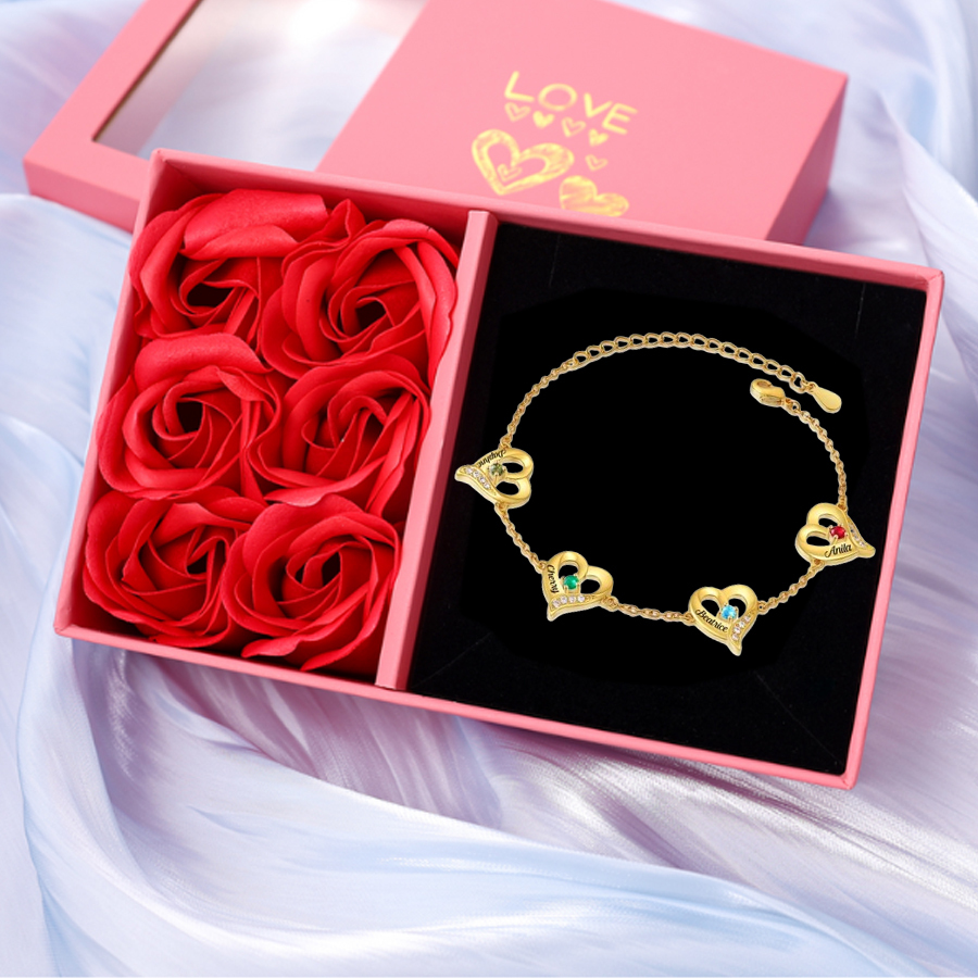 Bracelet Cœur gravé 1-7 Prénoms Personnalisés avec Pierres de Naissance