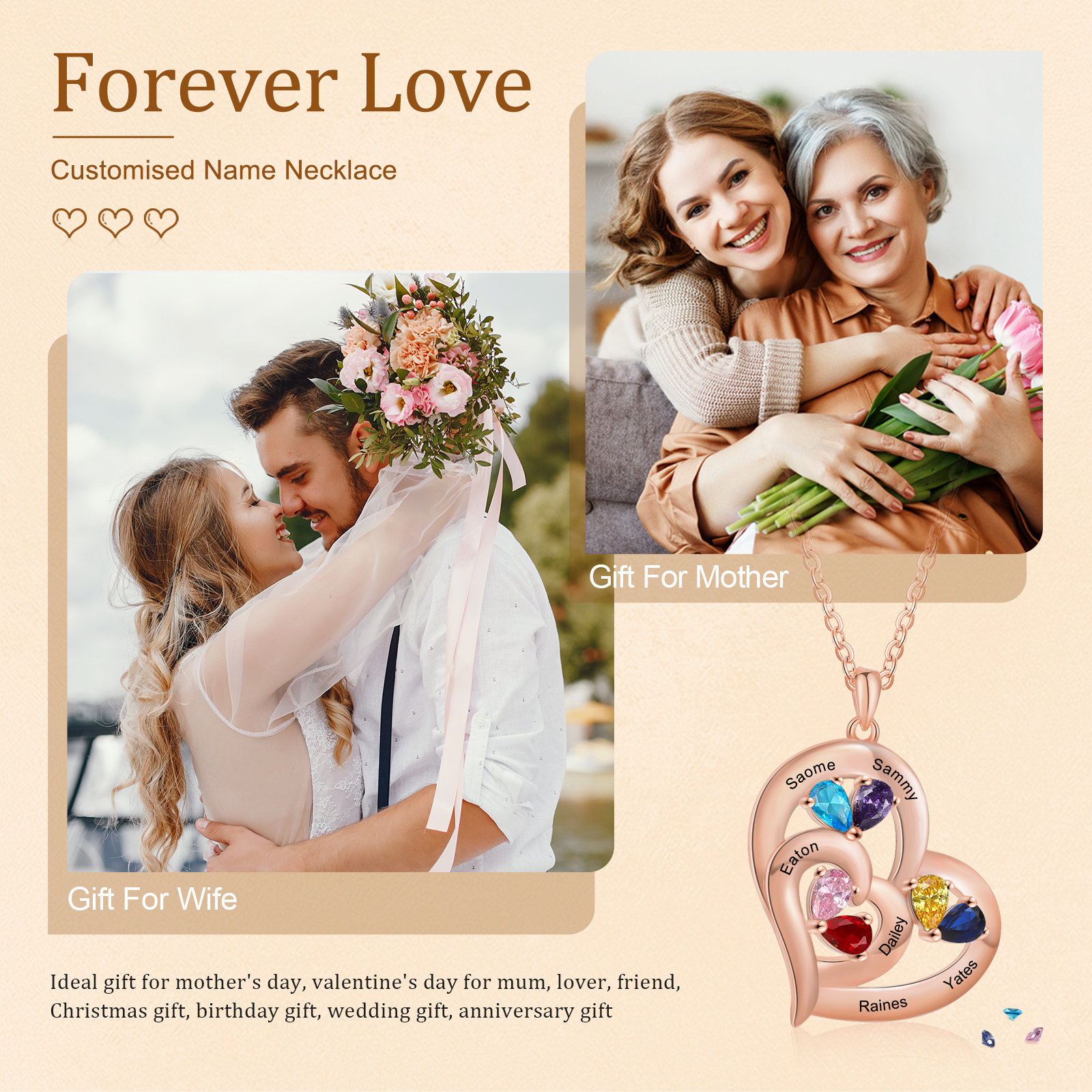 Collier Cœur 1-6 Prénoms Personnalisés avec Pierre de naissance