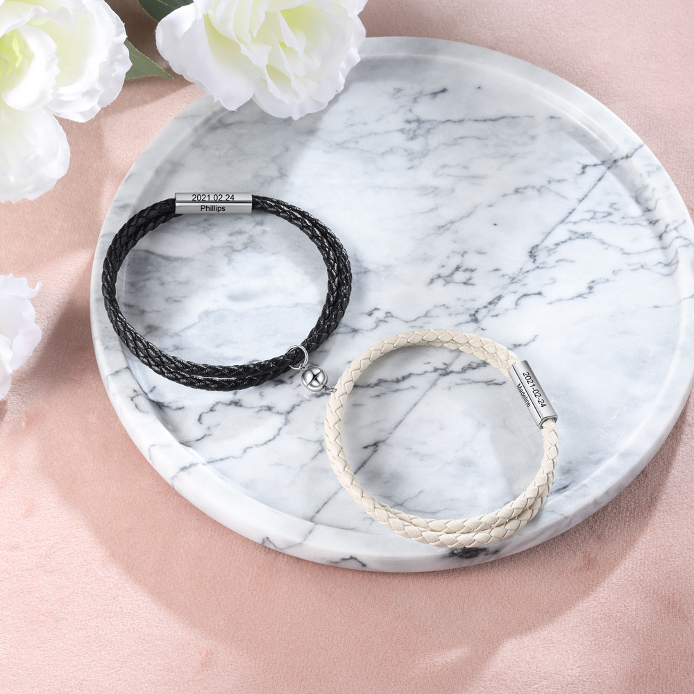 2PCS Bracelets en commun 2 Prénoms Personnalisés avec date Noeud Coulissant｜Jessemade