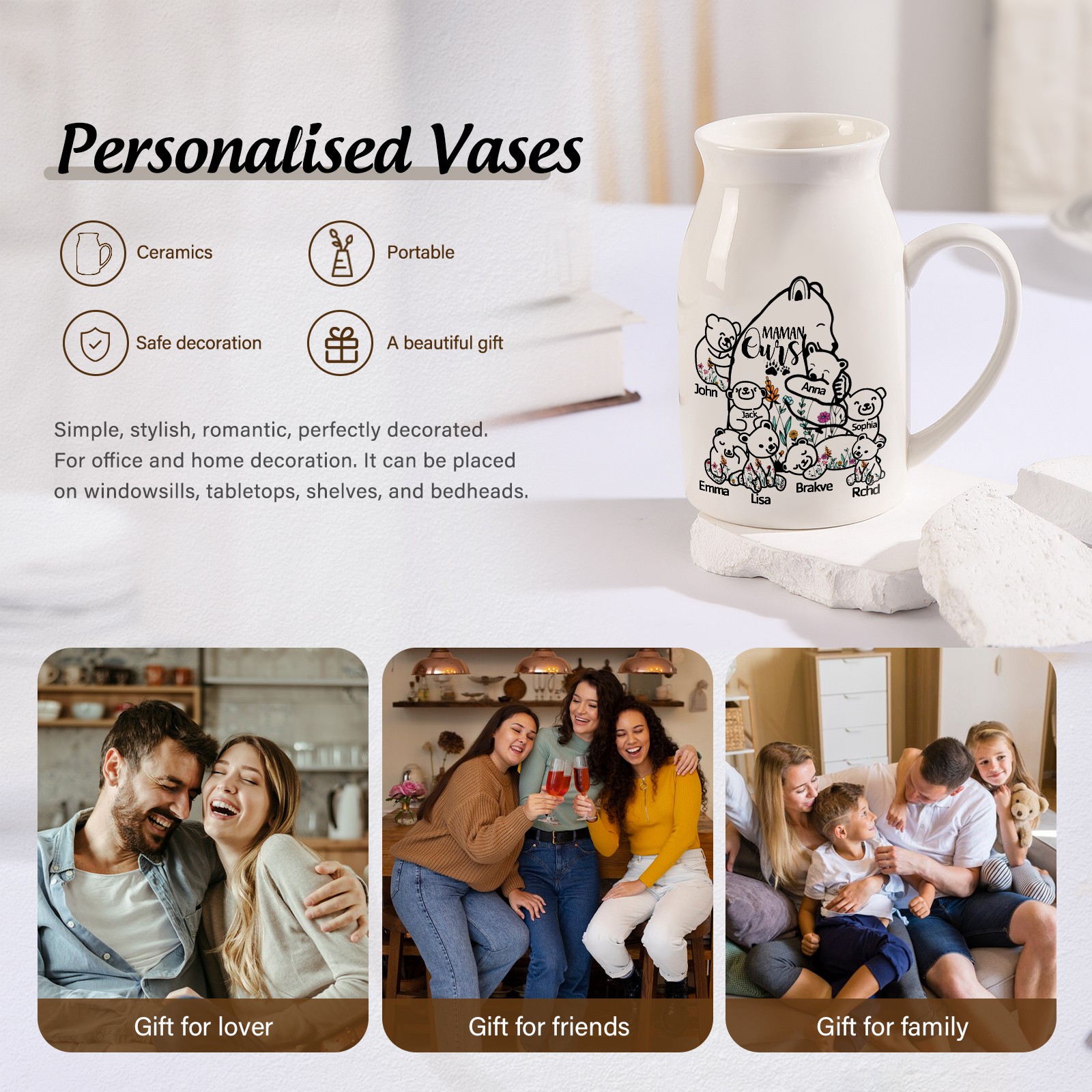 Vase à Fleurs Ours 8 Prénoms Personnalisés avec Texte Décoration de la Maison