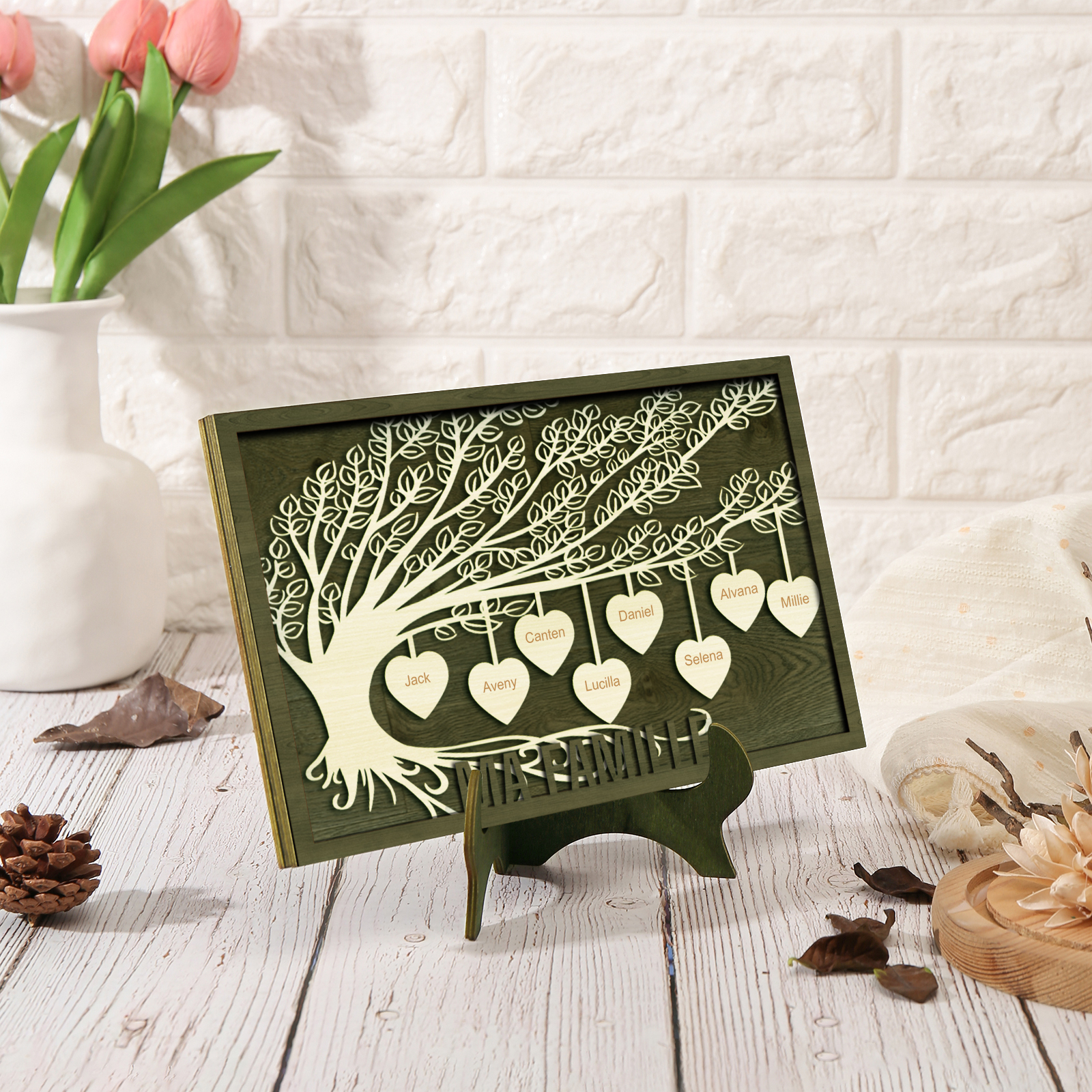 Décoration en bois Arbre de Vie 8 Prénoms Personnalisés Ornement Famille