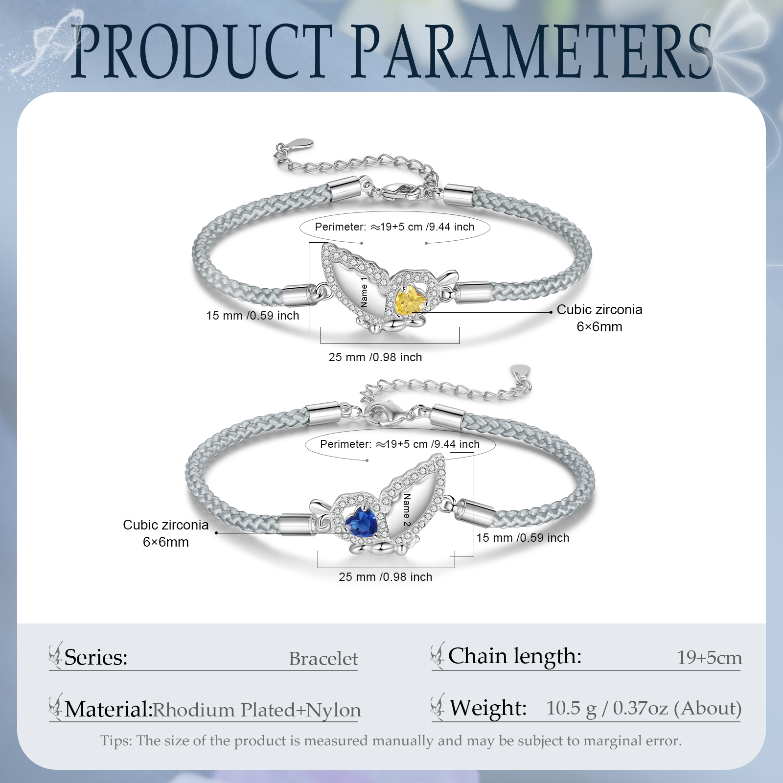2PCS Bracelets Papillon Bracelet en Commun 2 Prénoms Personnalisées avec 2 Pierres de naissance｜Jessemade