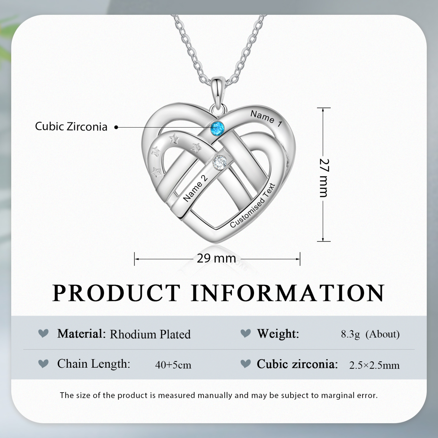 Collier Pendentif Cœur 2 Prénoms et 1 Texte Personnalisés avec 2 Pierres de Naissance Collier Femmes