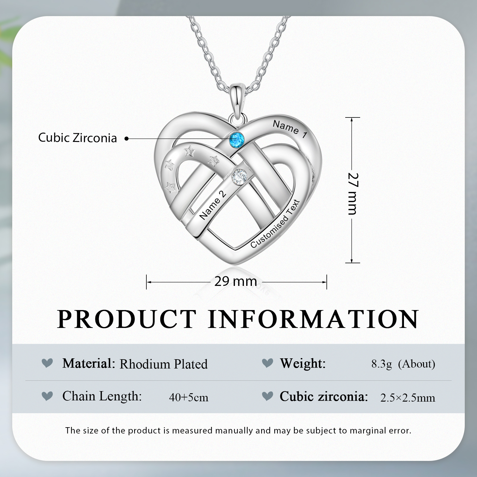 Collier Pendentif Cœur 2 Prénoms et 1 Texte Personnalisés avec 2 Pierres de Naissance Collier Femmes
