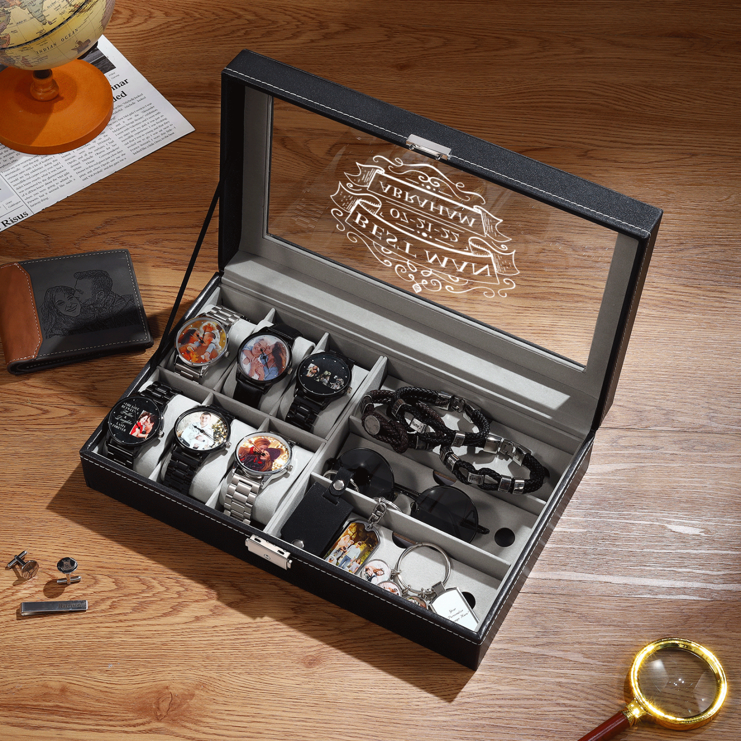 Boîte à Montre et Bijoux 3 Textes Personnalisés Coffret Cadeau pour Hommes