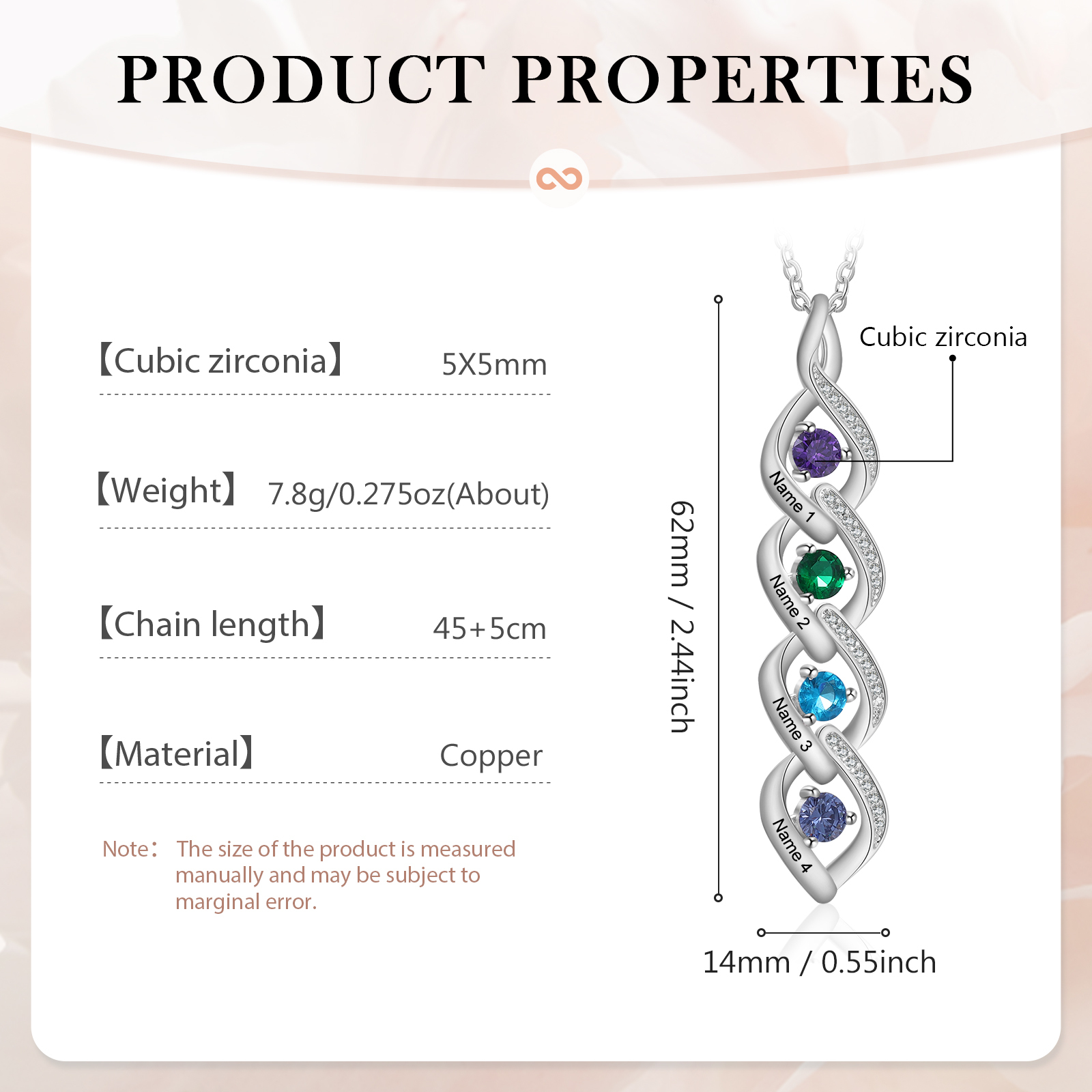 Collier Pendentif DNA 4 Prénoms Personnalisés avec Pierres de naissance