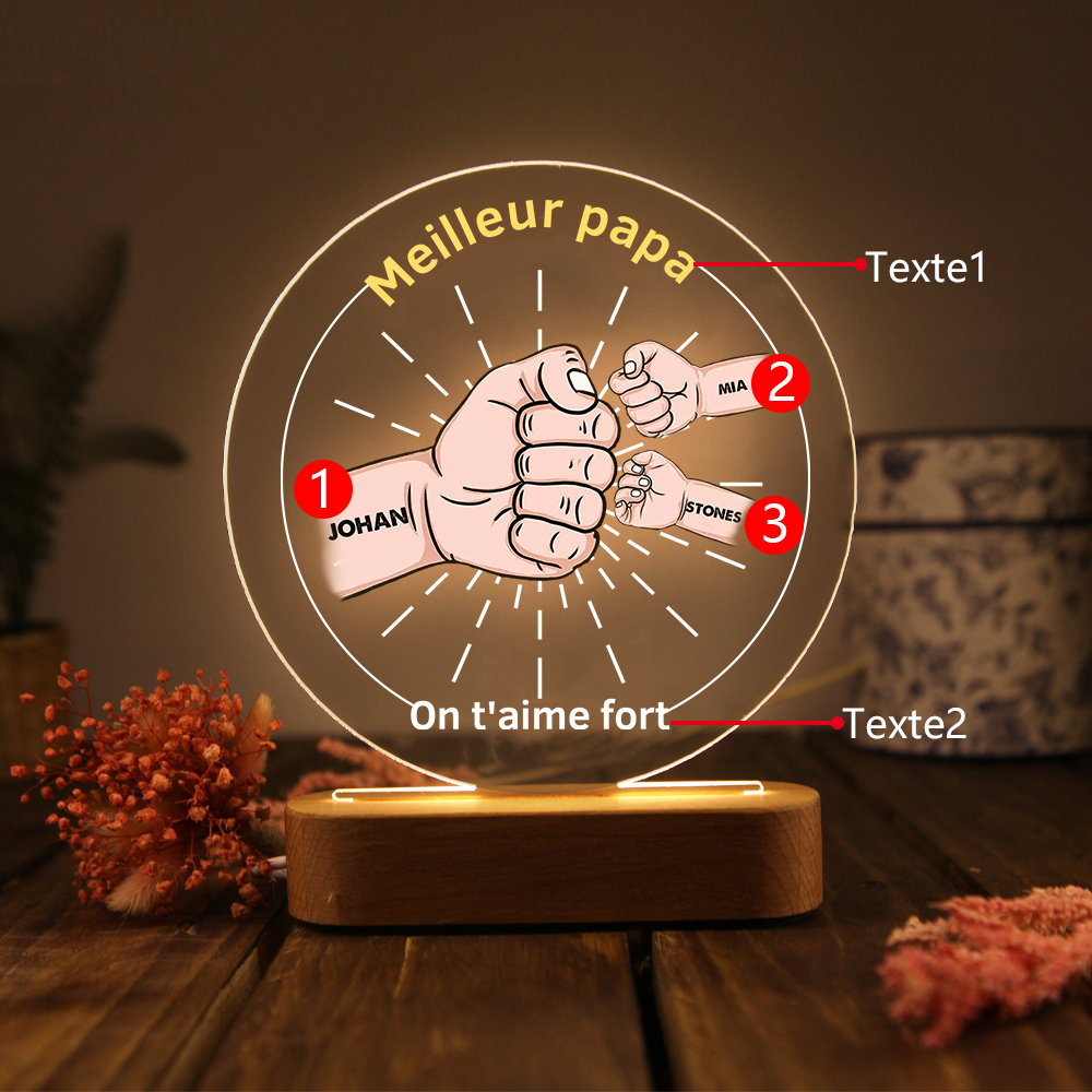 À Papa/Papi - Lampe de chevet LED Lumières Poings 3 Prénoms et 2 Textes Personnalisés pour Famille