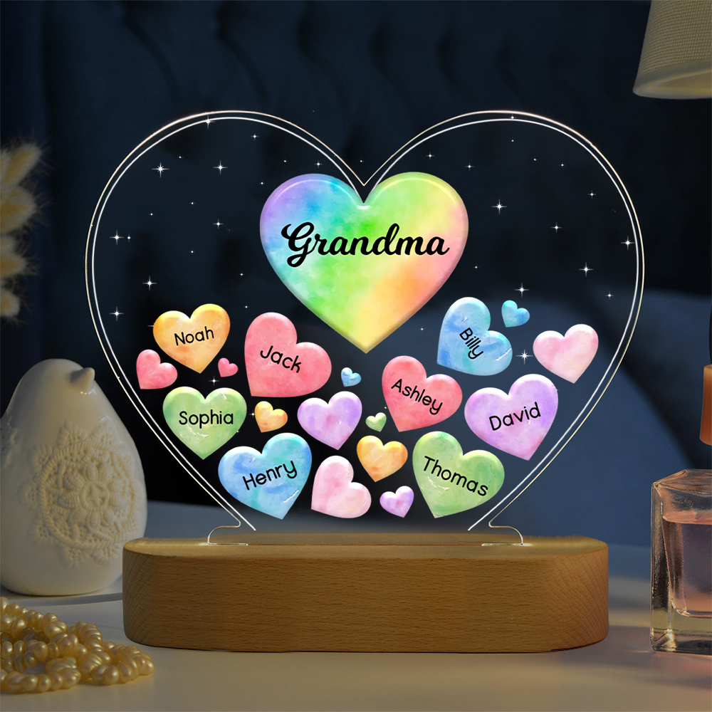 À Maman/Mamie - Lampe de chevet LED Cœurs 8 Prénoms Personnalisés avec 1 Texte