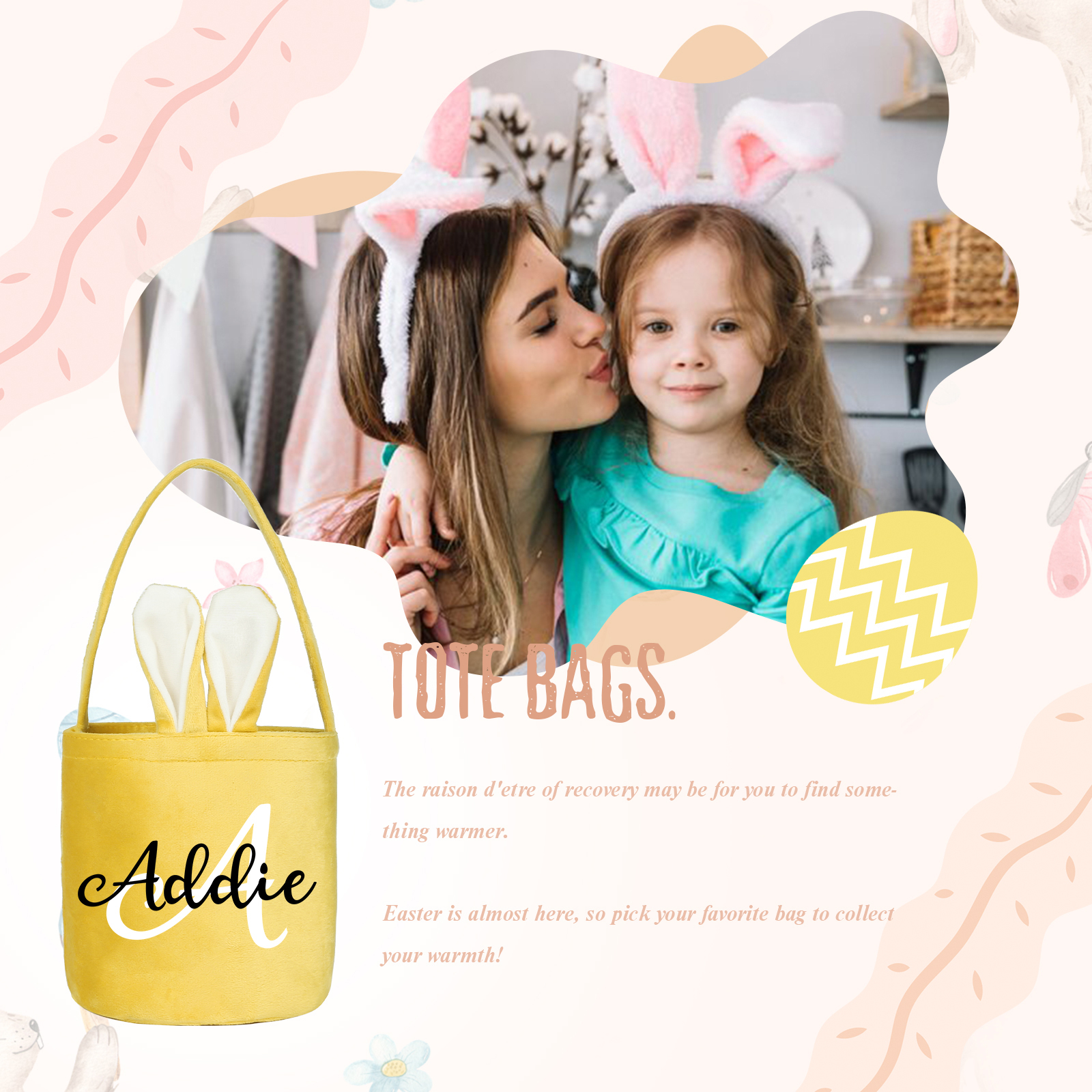 Sac de Pâques Lapin 1 Prénom et Lettre Personnalisés Tote Bag Enfant