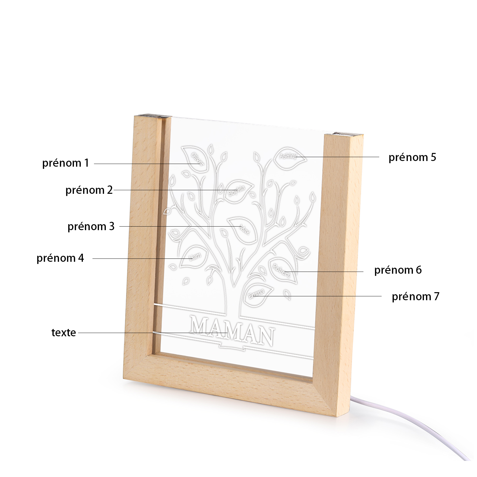 À Maman/Mamie - Lampe de chevet LED Arbre 7 Prénoms Personnalisés avec 1 Texte
