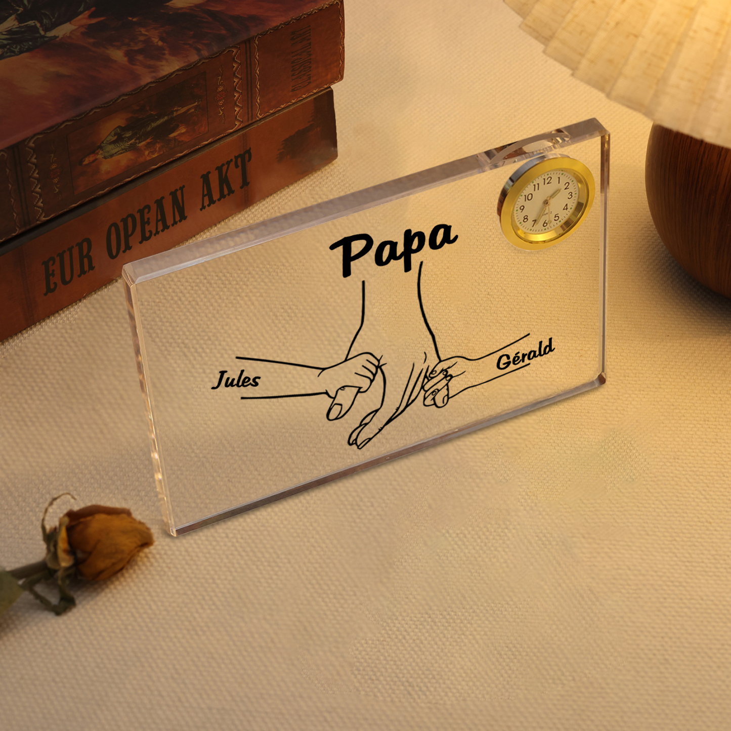 À mon Papa - Plaque Acrylique rectangle avec Horloge la main dans la main 2 Prénoms Personnalisés