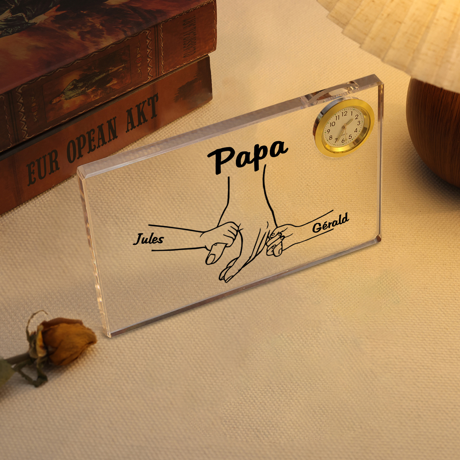 À mon Papa - Plaque Acrylique rectangle avec Horloge la main dans la main 2 Prénoms Personnalisés