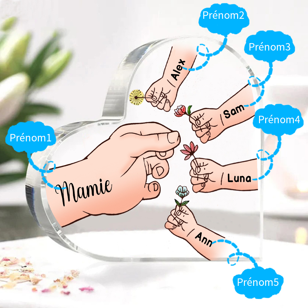 À ma Maman/Mamie - Plaque Acrylique Mains et Enfants en Forme de Cœur 5 Prénoms Personnalisés