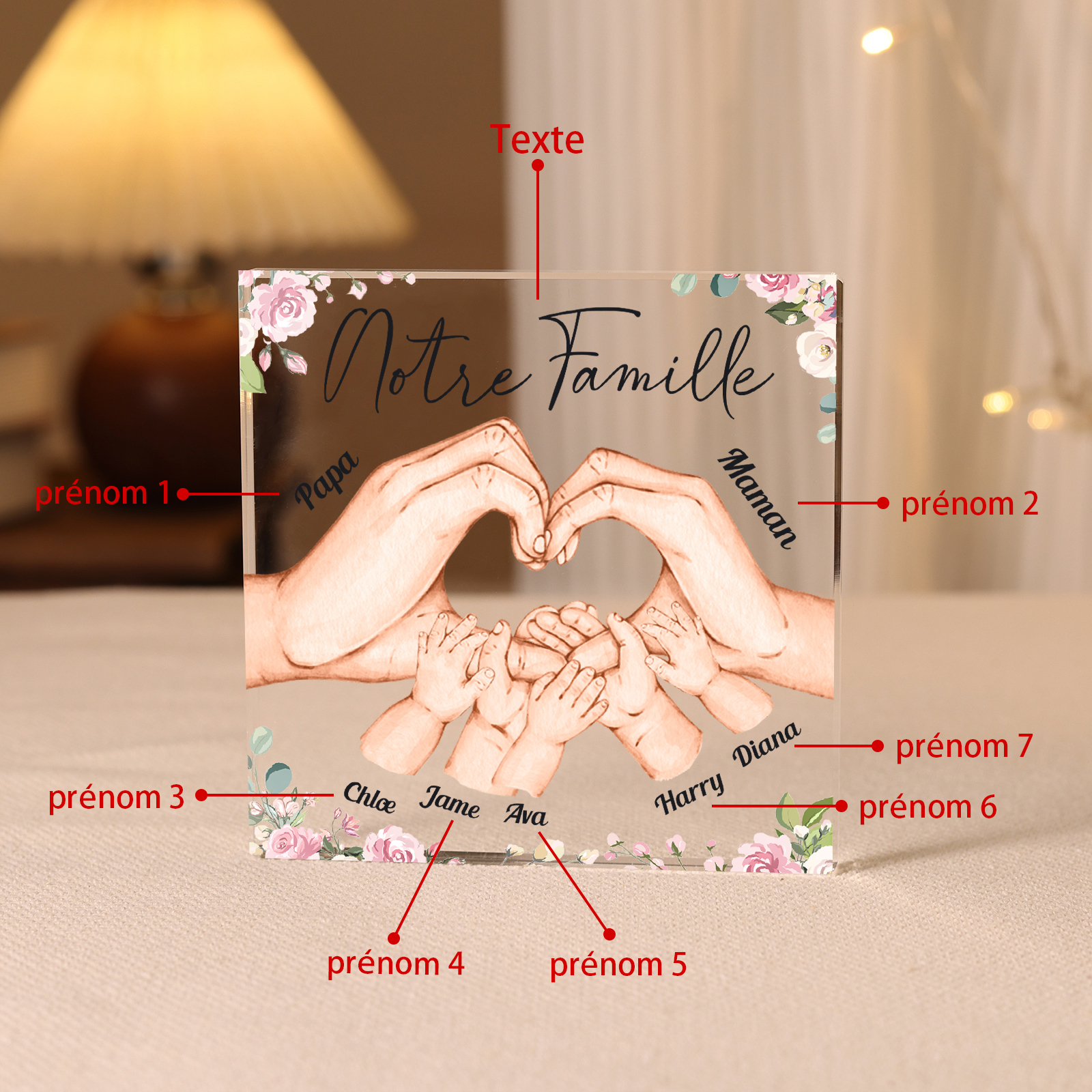 À ma Famille - Plaque Acrylique Carrée la Main dans la Main 7 Prénoms Personnalisés avec Texte