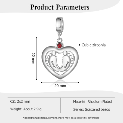 Charm 2 Prénom Personnalisé Pendentif En forme de Cœur pied bebe avec 1 Pierre de Naissance pour Bracelet