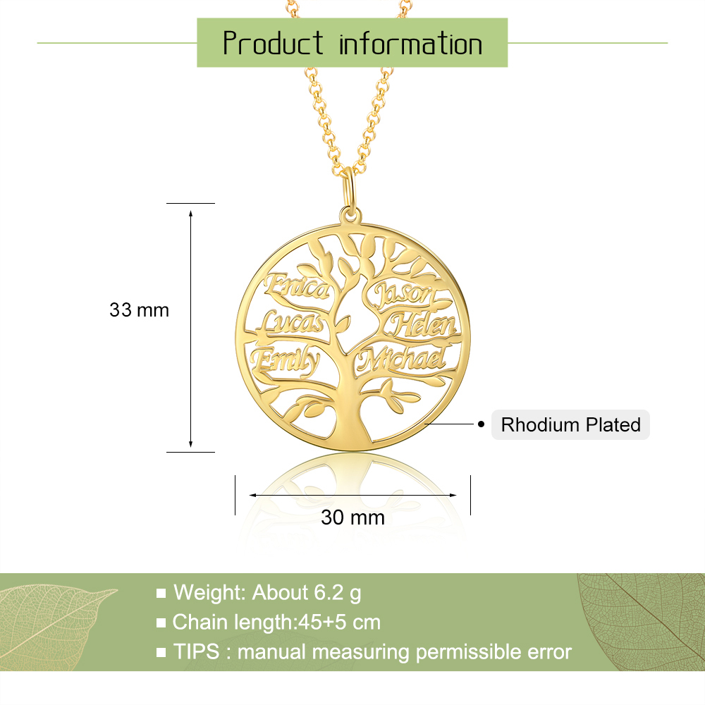 Collier Argent Arbre de vie Arbre généalogique 6 prenoms