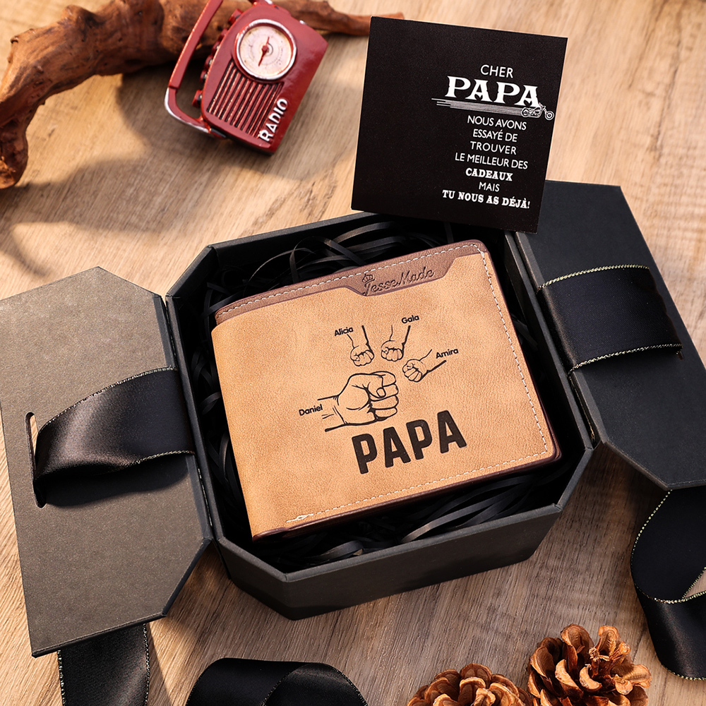 À mon Papa-Portefeuille Poings 4 Prénoms Personnalisés avec Texte et Photo Classique Homme Porte-Monnaie Carte