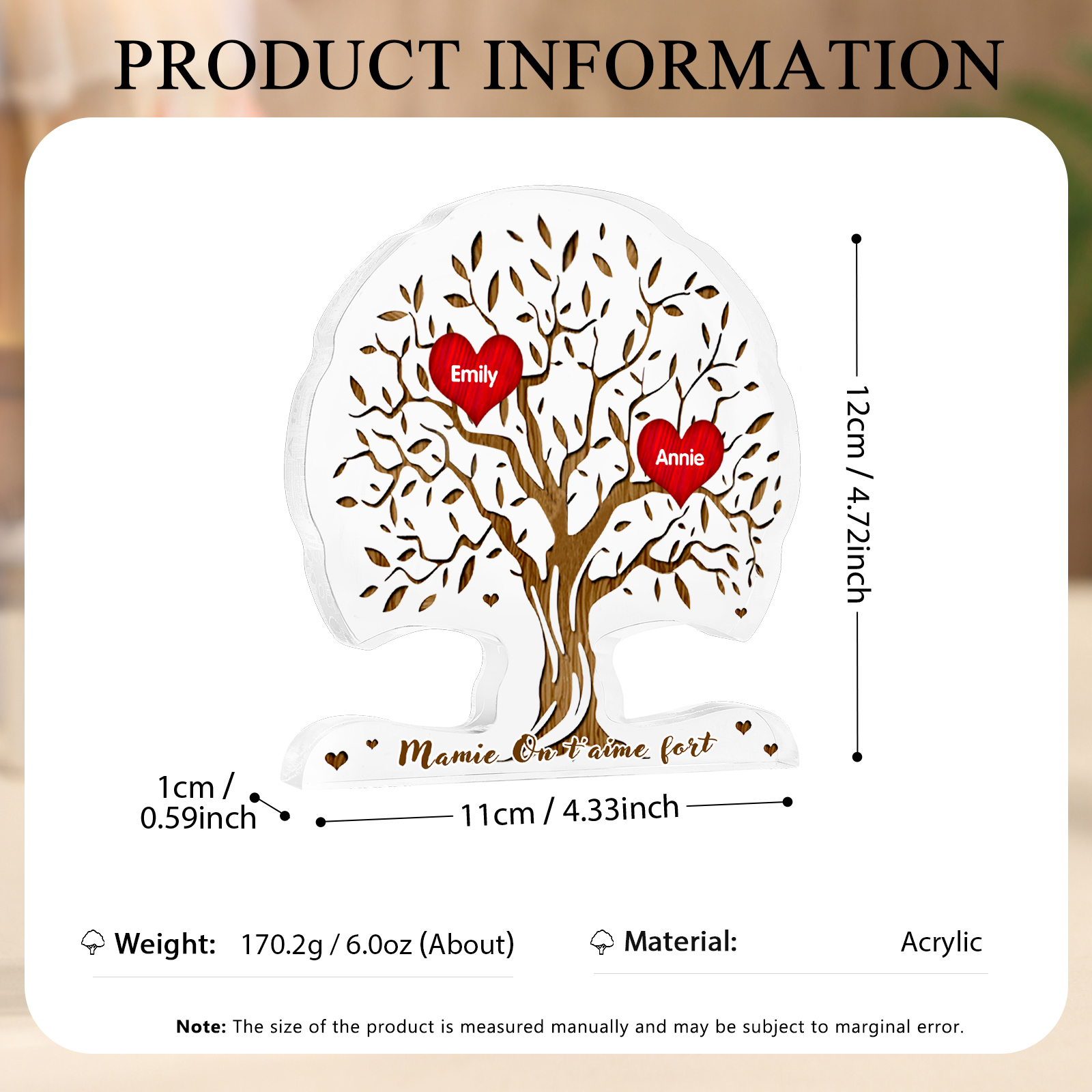 À Mamie - Plaque Acrylique en Forme d'Arbre de Vie 2 Prénoms Personnalisés avec Texte Cadeau Famille | Jessemade