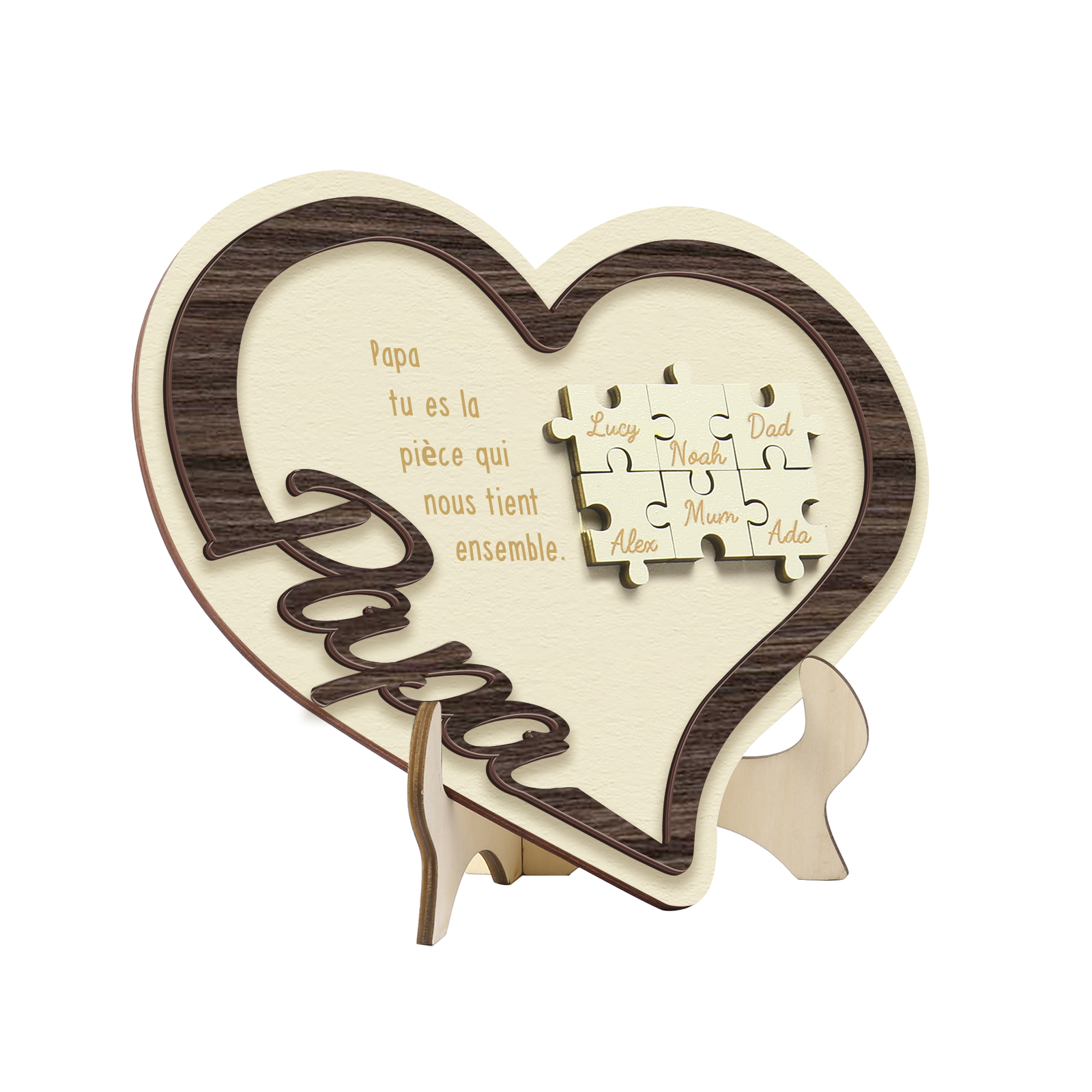 À mon Papa - Décoration en bois Cœur Puzzle 6 Prénoms Personnalisés Ornement pour Famille
