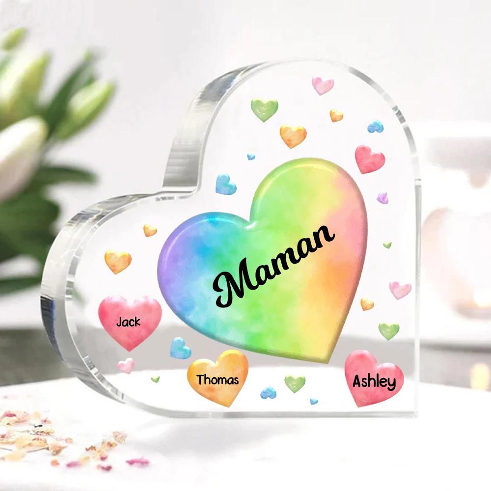 À ma Maman/Mamie - Plaque Acrylique en Forme de Cœur 3 Prénoms Personnalisés avec 1 Texte