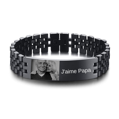 Jessemade FR Bracelet Personnalisé 1 texte avec 1 photo en Acier au titane