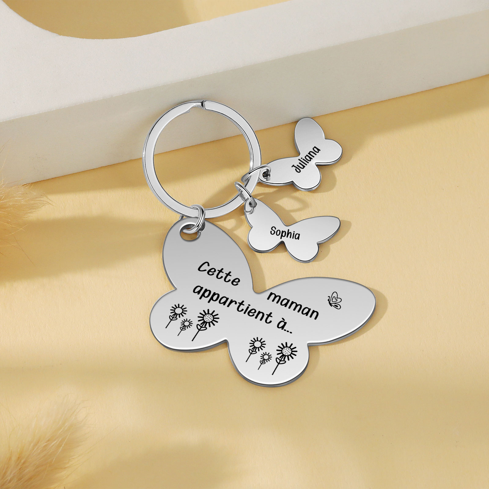 À Maman/Mamie - Porte-Clés Papillon 2 Prénoms Personnalisés avec Texte 
