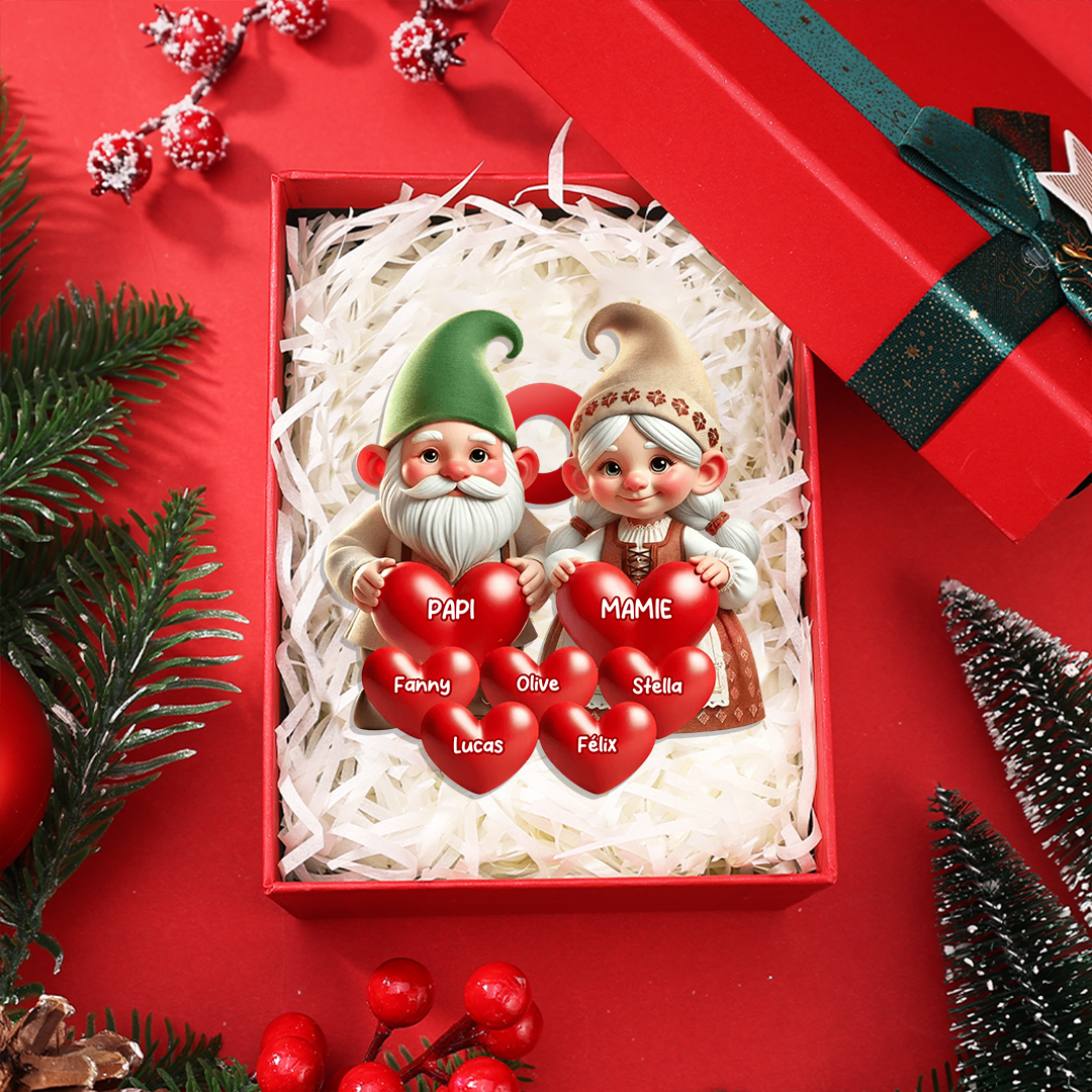 Décoration Sapin de Noël Gnomes Famille, Cœurs et Nom personnalisés