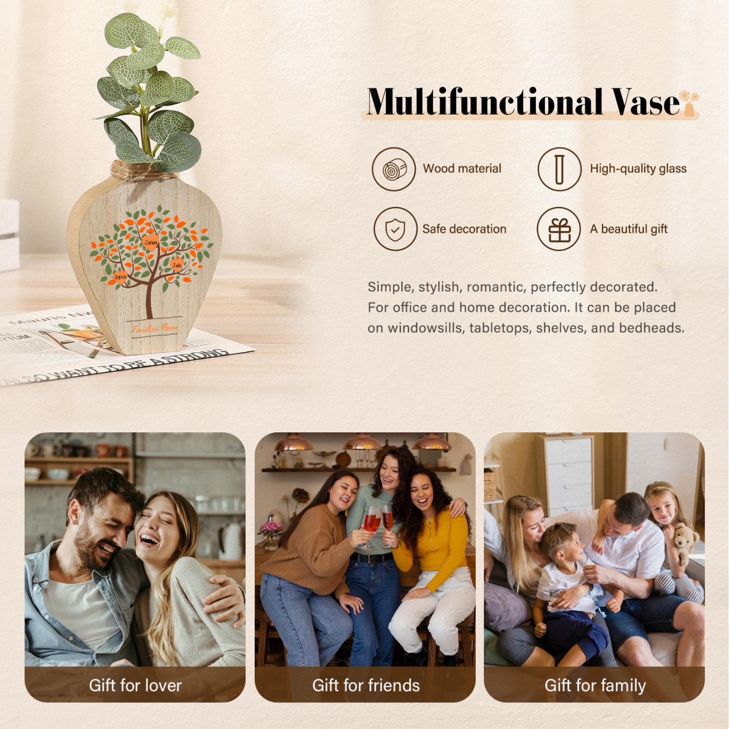 Petit Vase Créatif en Bois Arbre 3 Prénoms Personnalisés avec Texte Décoration de la Maison (sans plantes)