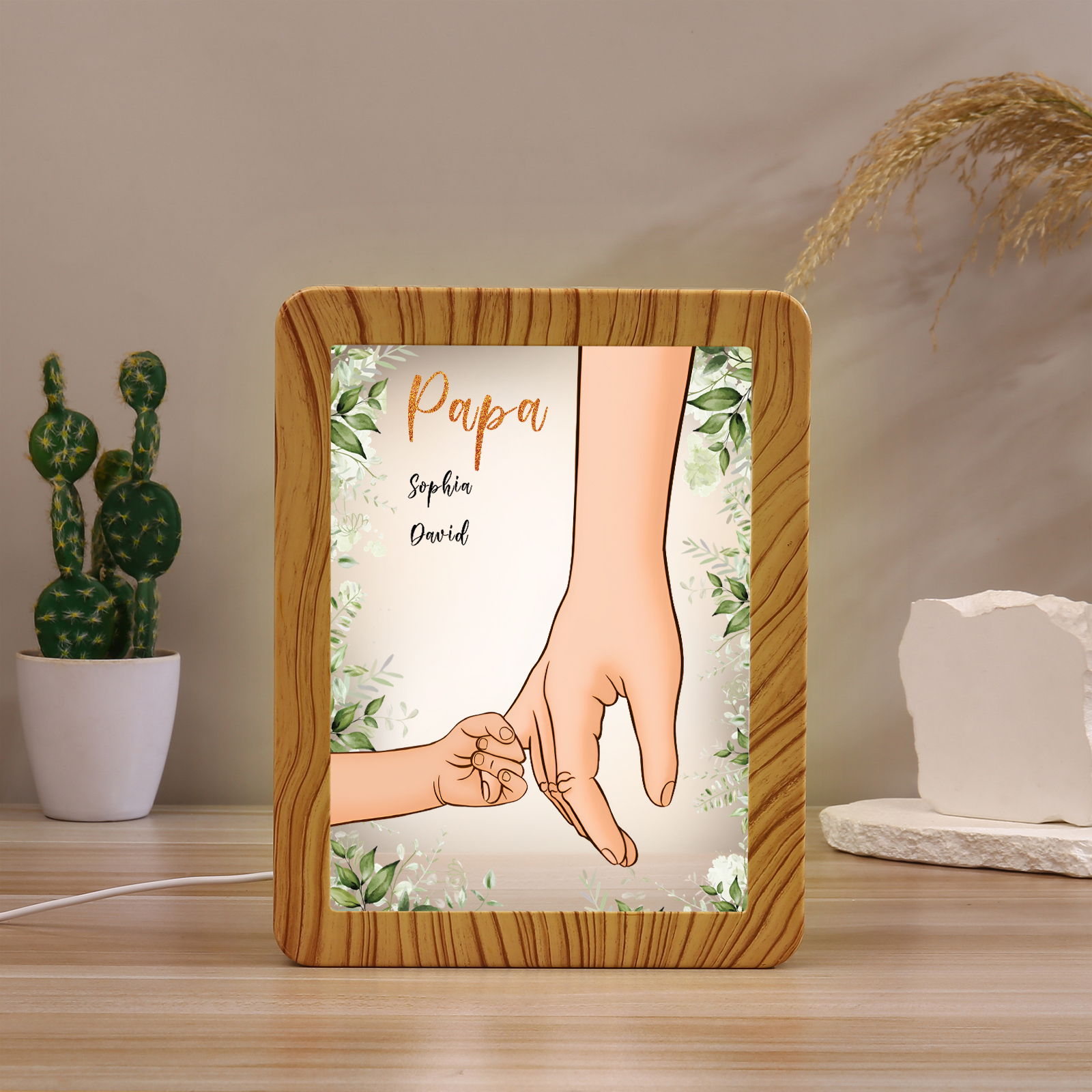 Lampe LED/Cadre Photo/Miroir multifonctionnel la main dans la main 2 Prénoms et 1 Tetxe Personnalisés Cadeau Créatif pour Famille