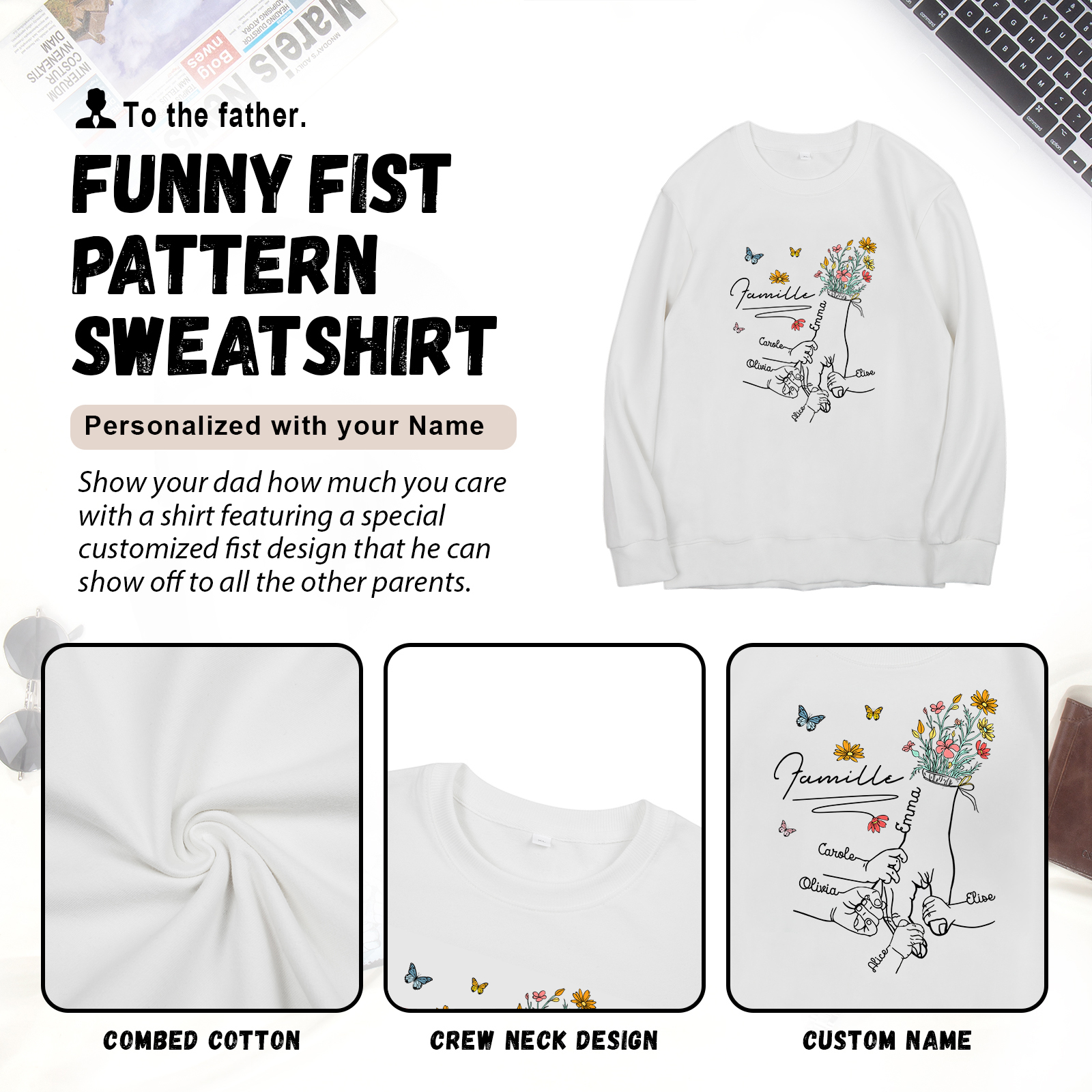 Sweat-Shirt la main dans la main 5 Prénoms Personnalisés avec Texte