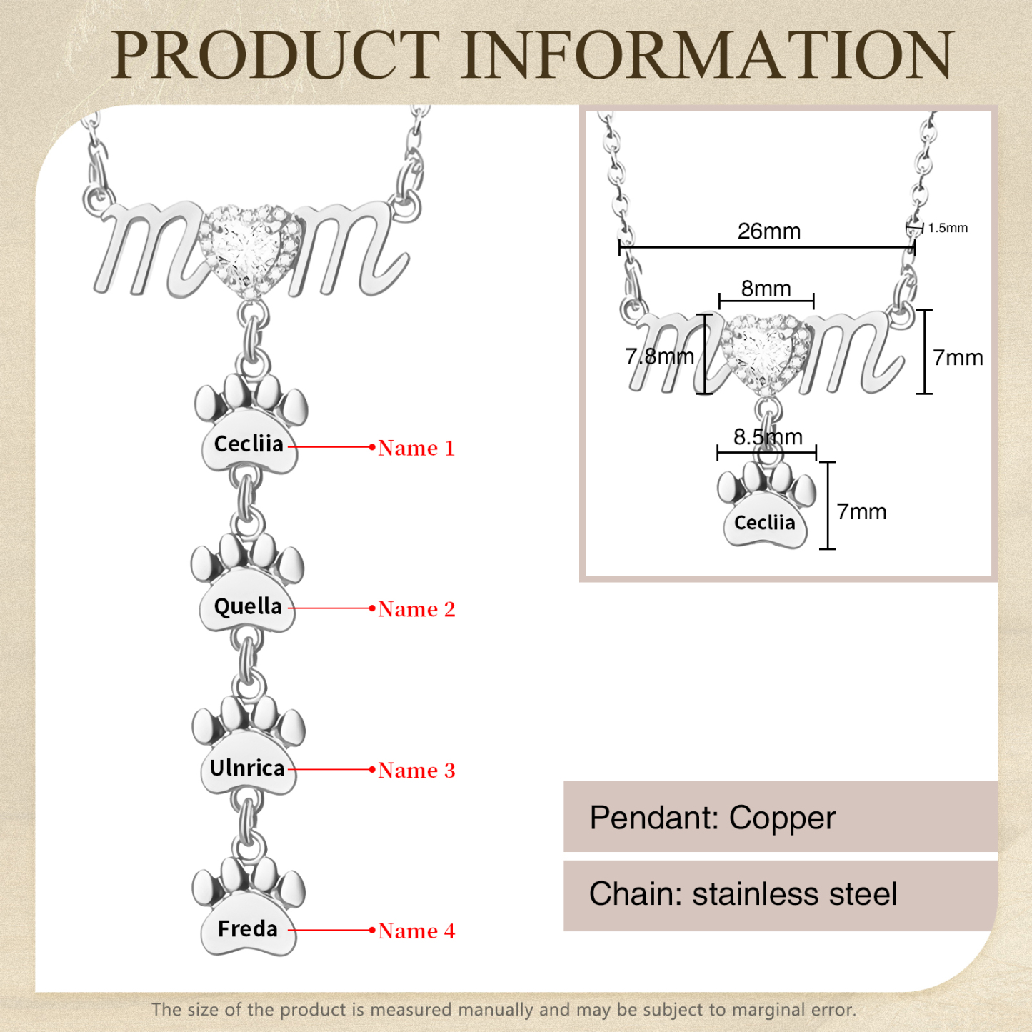 Collier Pendentif Petite Patte 4 Prénoms Personnalisés Collier pour Maman