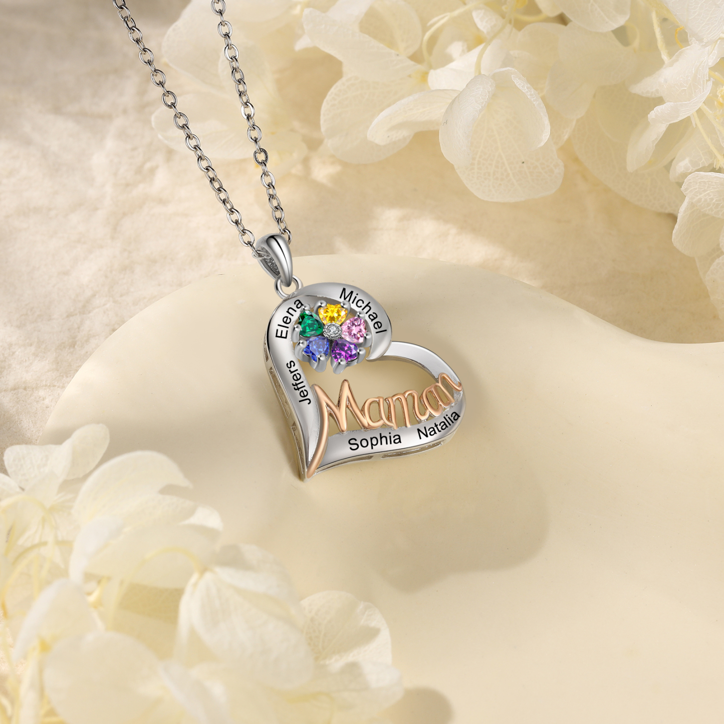 À Ma Maman-Collier Personnalisé Cœur avec 5 Prénoms et 5 Pierres de Naissance|Jessemade