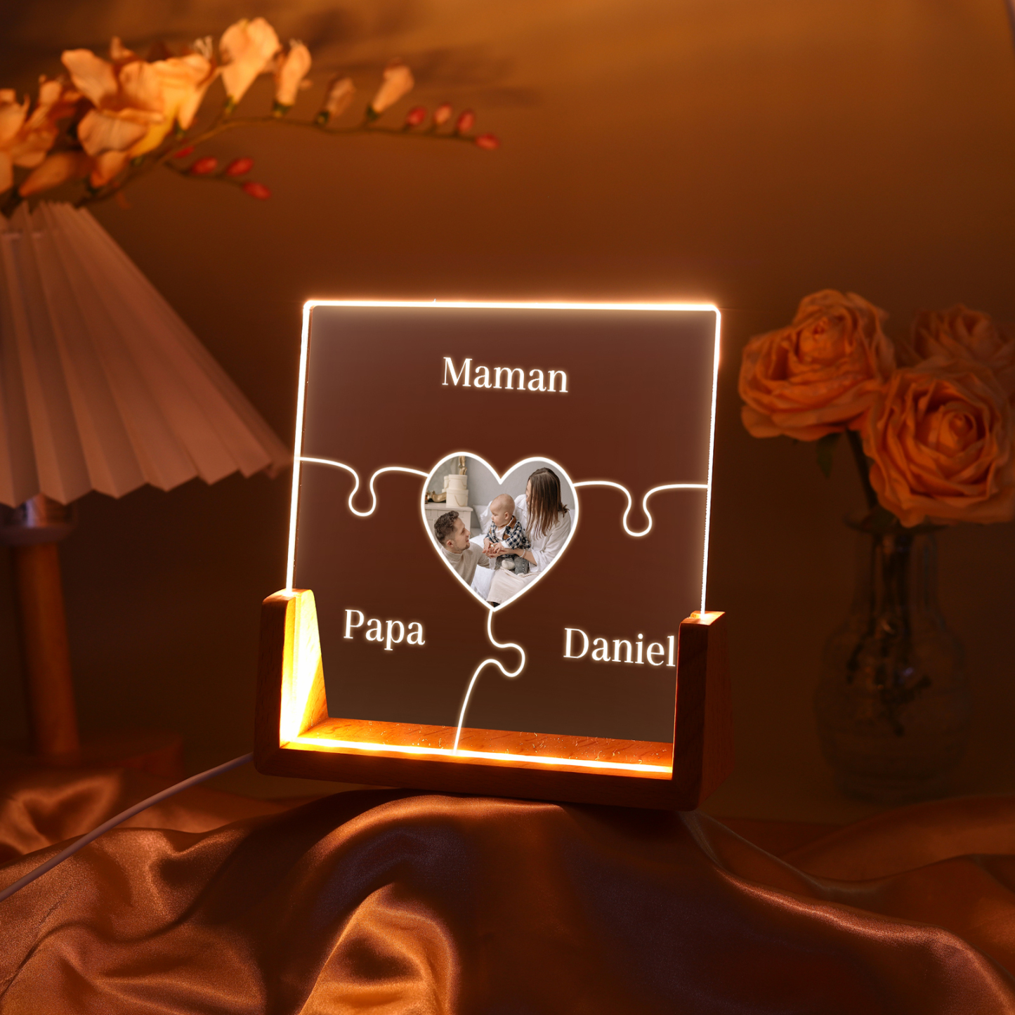 Lampe de chevet LED Puzzles 3 Prénoms Personnalisés avec Photo pour Famille
