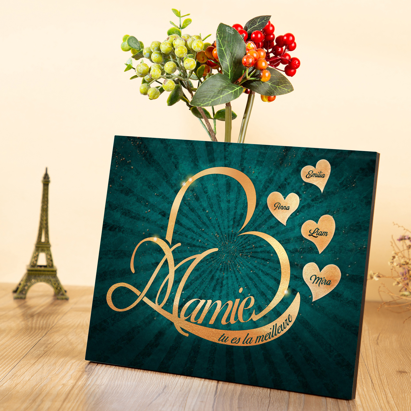 À ma Mamie - Cadre en Bois Cœur 1-6 Prénoms Personnalisés