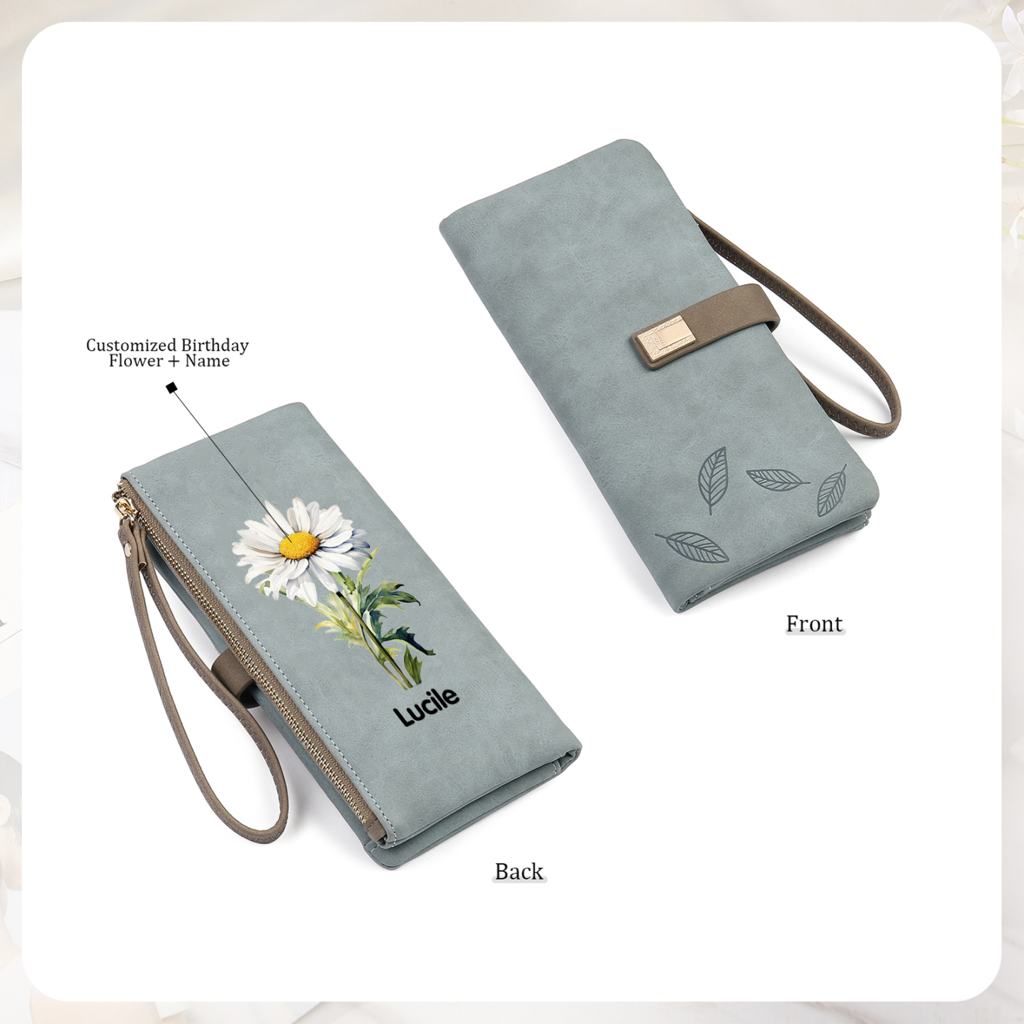 Portefeuille Femmes 1 Prénom Personnalisé avec Fleur de Naissance Porte-Monnaie Carte