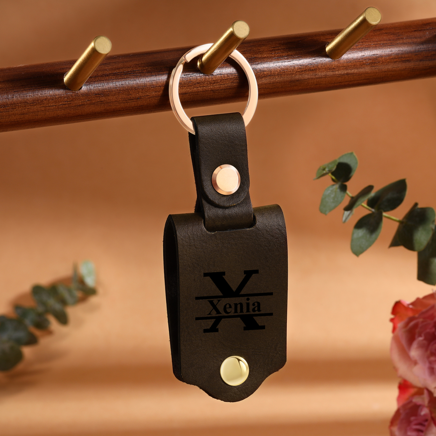 Porte-Clés Cuir 3 Prénoms et 1 Photo Personnalisés Avec Lettre Porte-Clés Projection de Pierre pour Couple