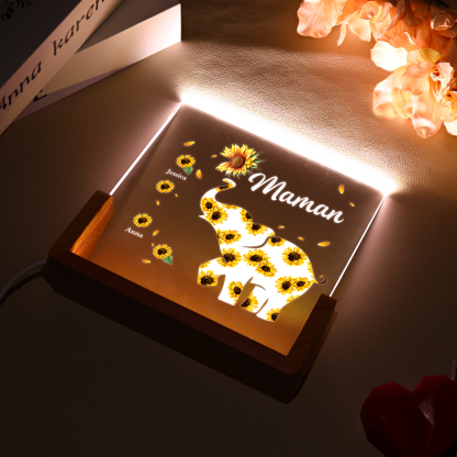À Maman/Mamie - Lampe de chevet LED Éléphants 2 Prénoms Personnalisés avec Texte