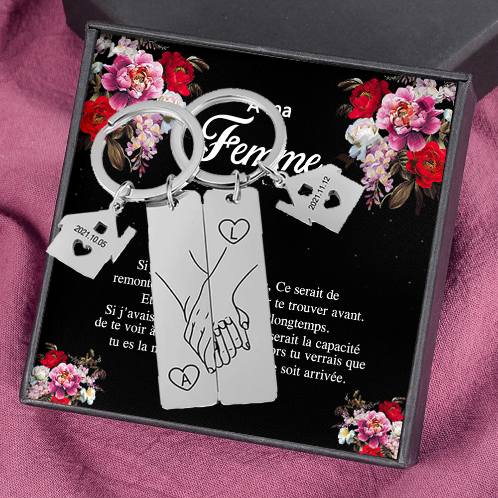 À ma Femme - Porte-Clés la main dans la main 2 Lettres Personnalisés avec 2 Dates