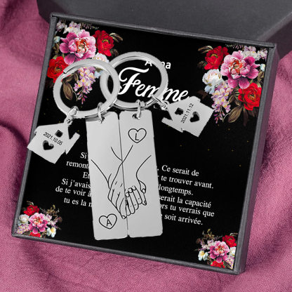 À ma Femme - Porte-Clés la main dans la main 2 Lettres Personnalisés avec 2 Dates