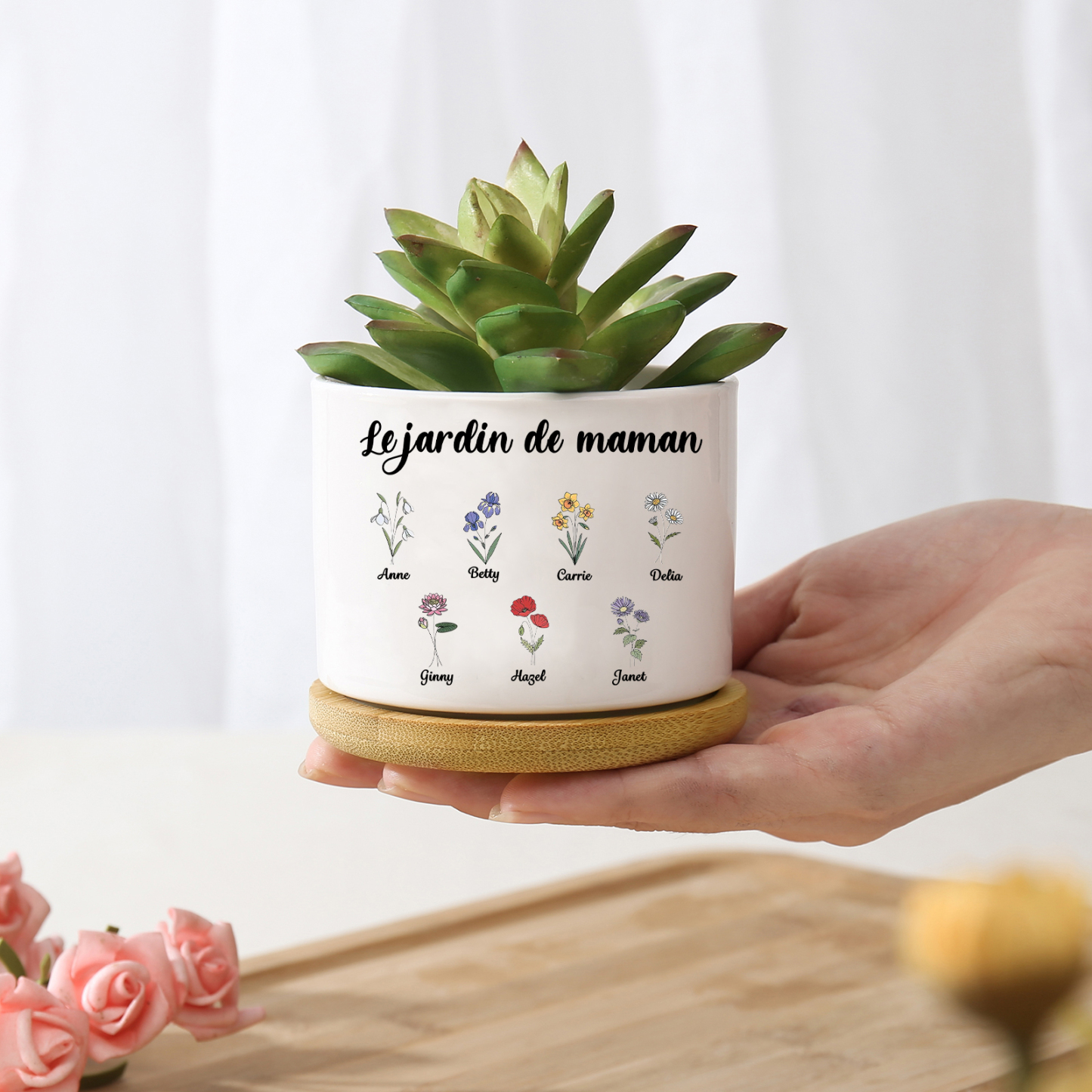 Vase/Pot de Fleurs 7 Prénoms et 1 Texte Personnalisés avec Fleurs de Naissance Décoration de la Maison (sans plantes)