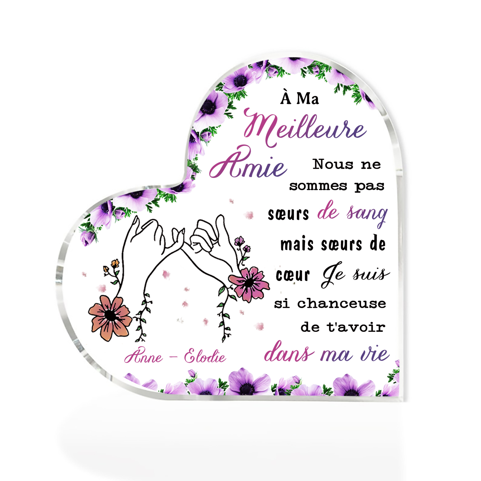 À Meilleure Amie - Plaque Acrylique en Forme de Cœur 2 Prénoms Personnalisés