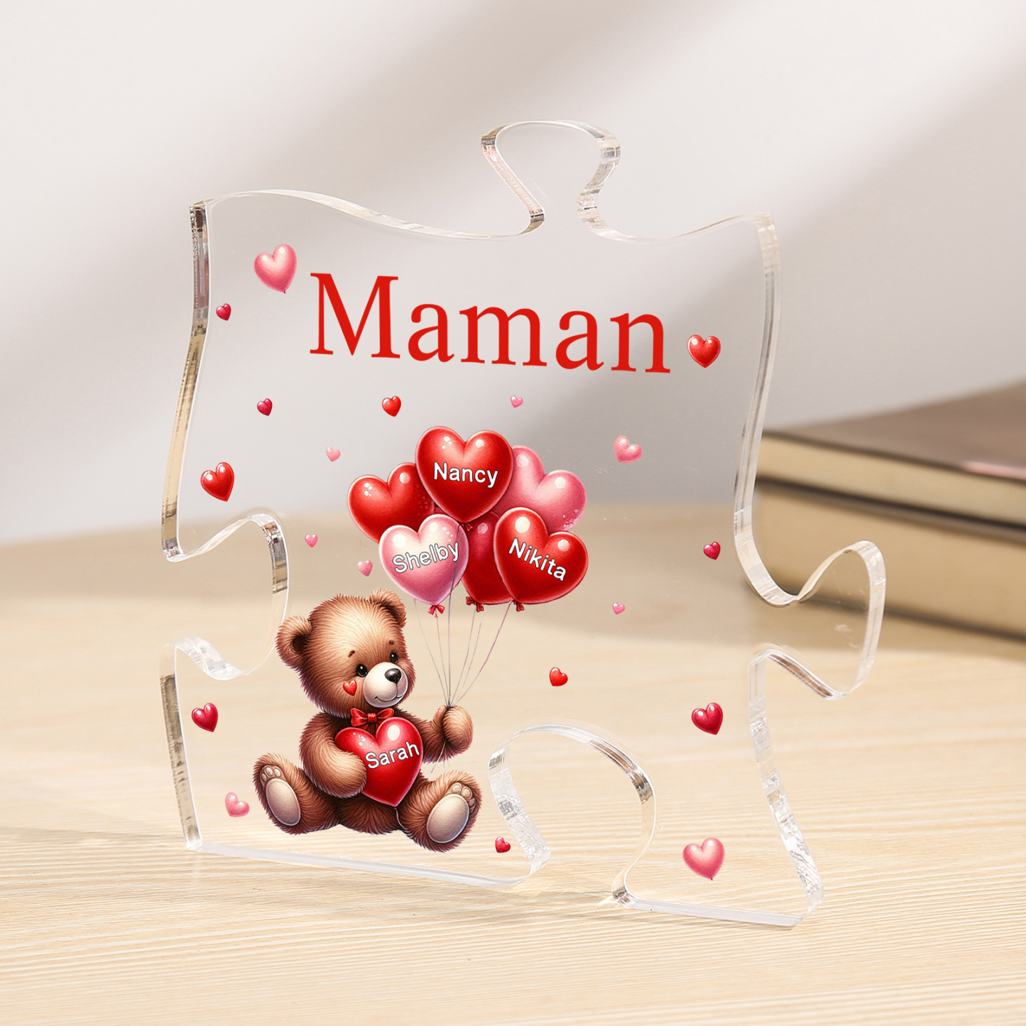 Plaque Acrylique en forme de Puzzle Ours 4 Prénoms et 1 Texte Personnalisés