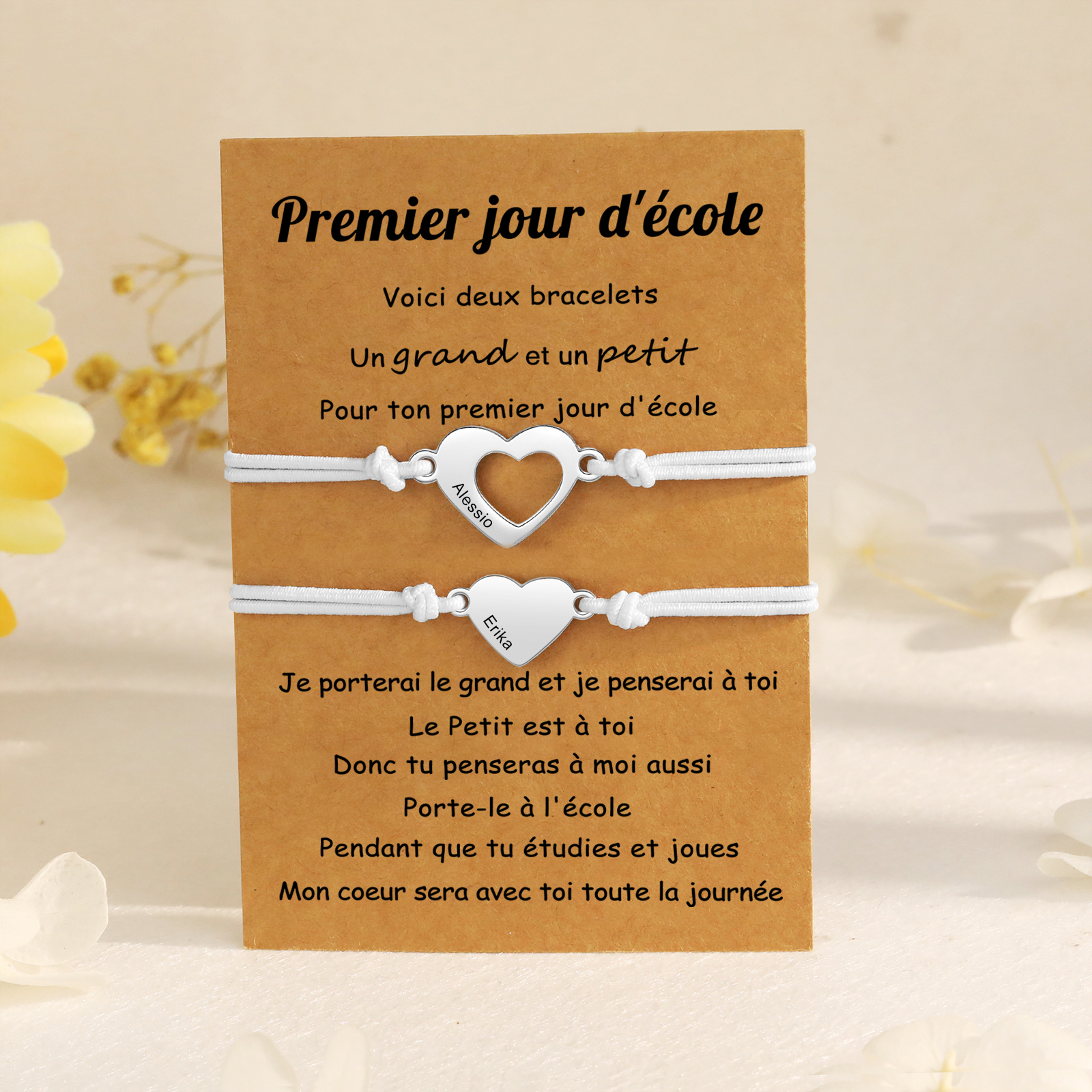 2PCS Bracelet en Commun Cœur 2 Prénoms Personnalisés Corde élastiques - Cadeau Rentrée Scolaire Premier jour d’école｜Jessemade