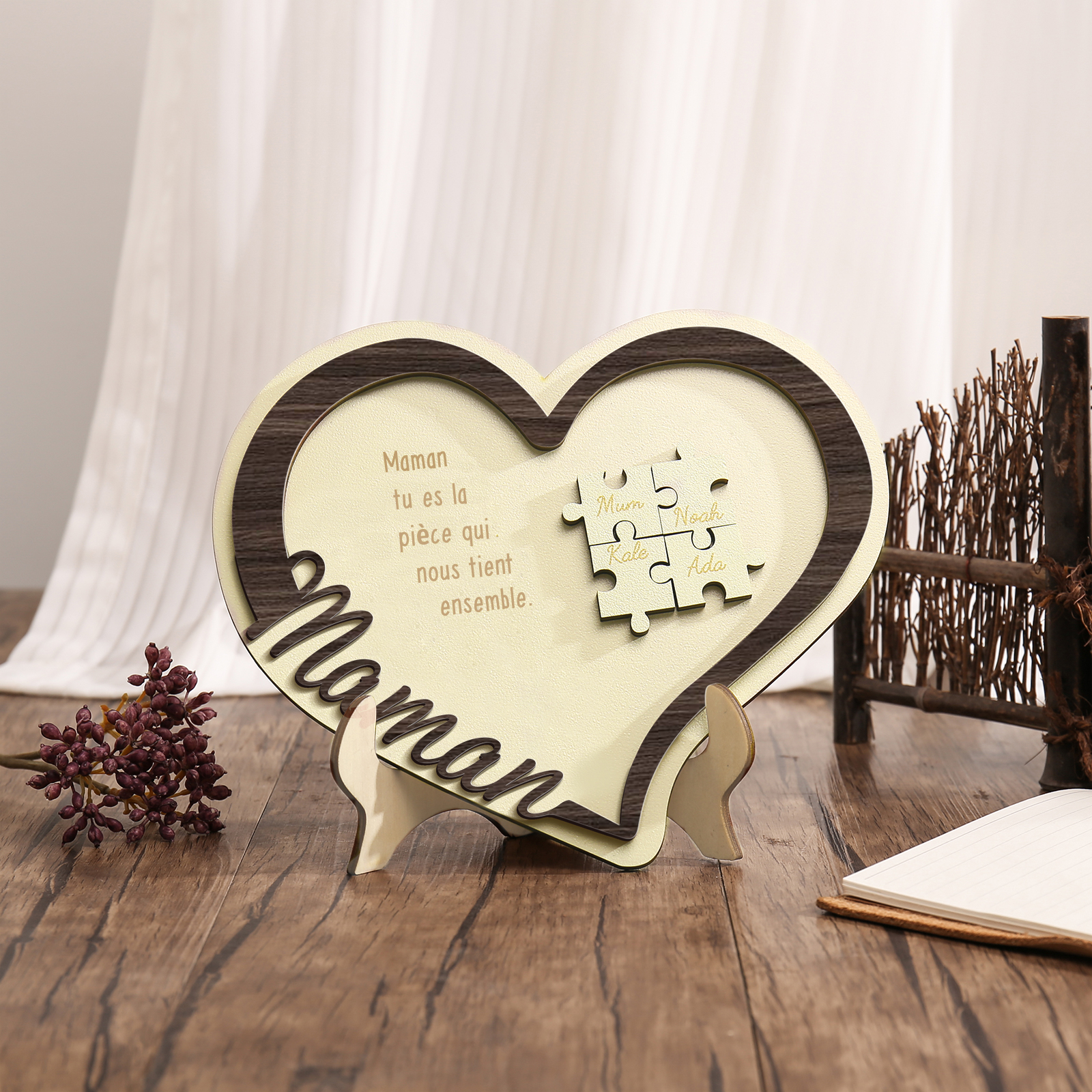 À ma Maman - Décoration en bois Cœur Puzzle 4 Prénoms Personnalisés Ornement pour Famille