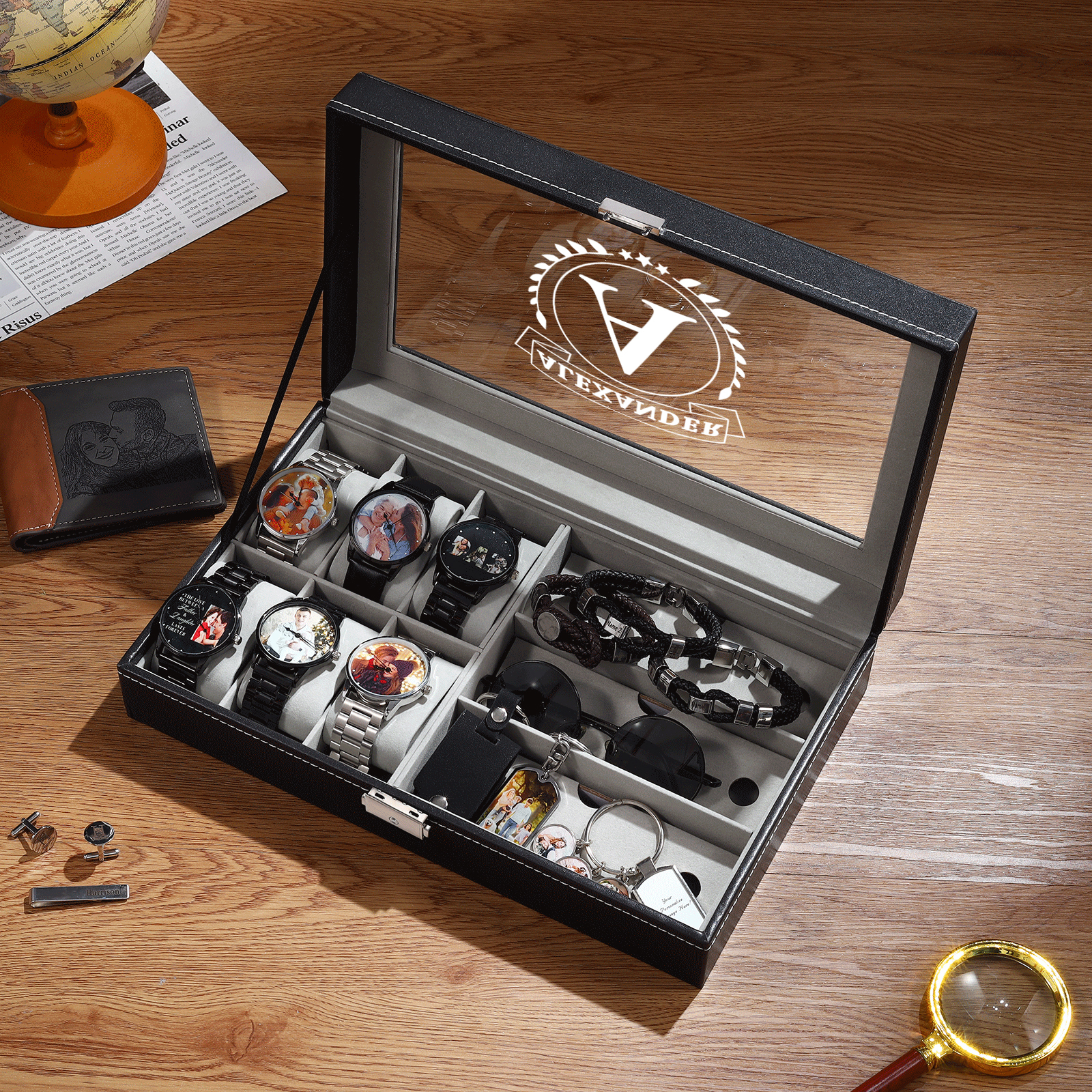 Boîte à Montre et Bijoux 1 Lettre et Texte Personnalisés Coffret Cadeau pour Hommes