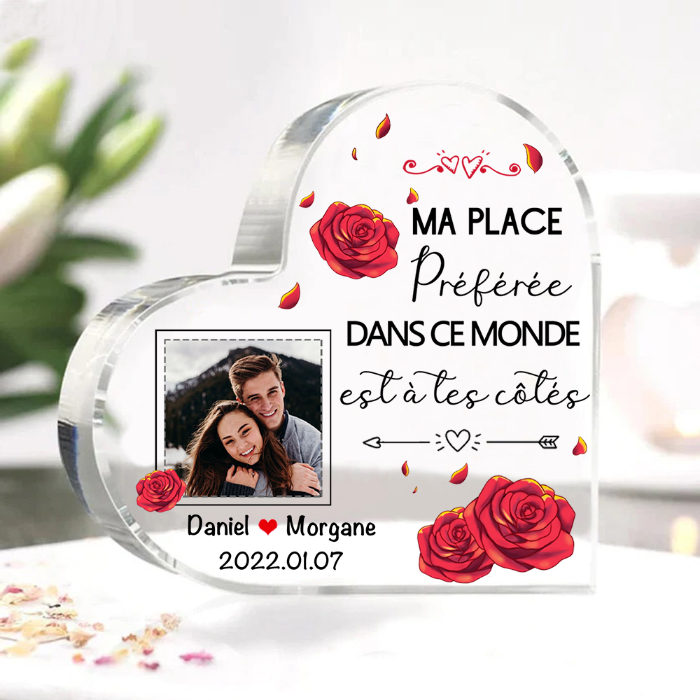 Plaque Acrylique en Forme de Coeur 2 Prénoms avec Photo et Date Personnalisées