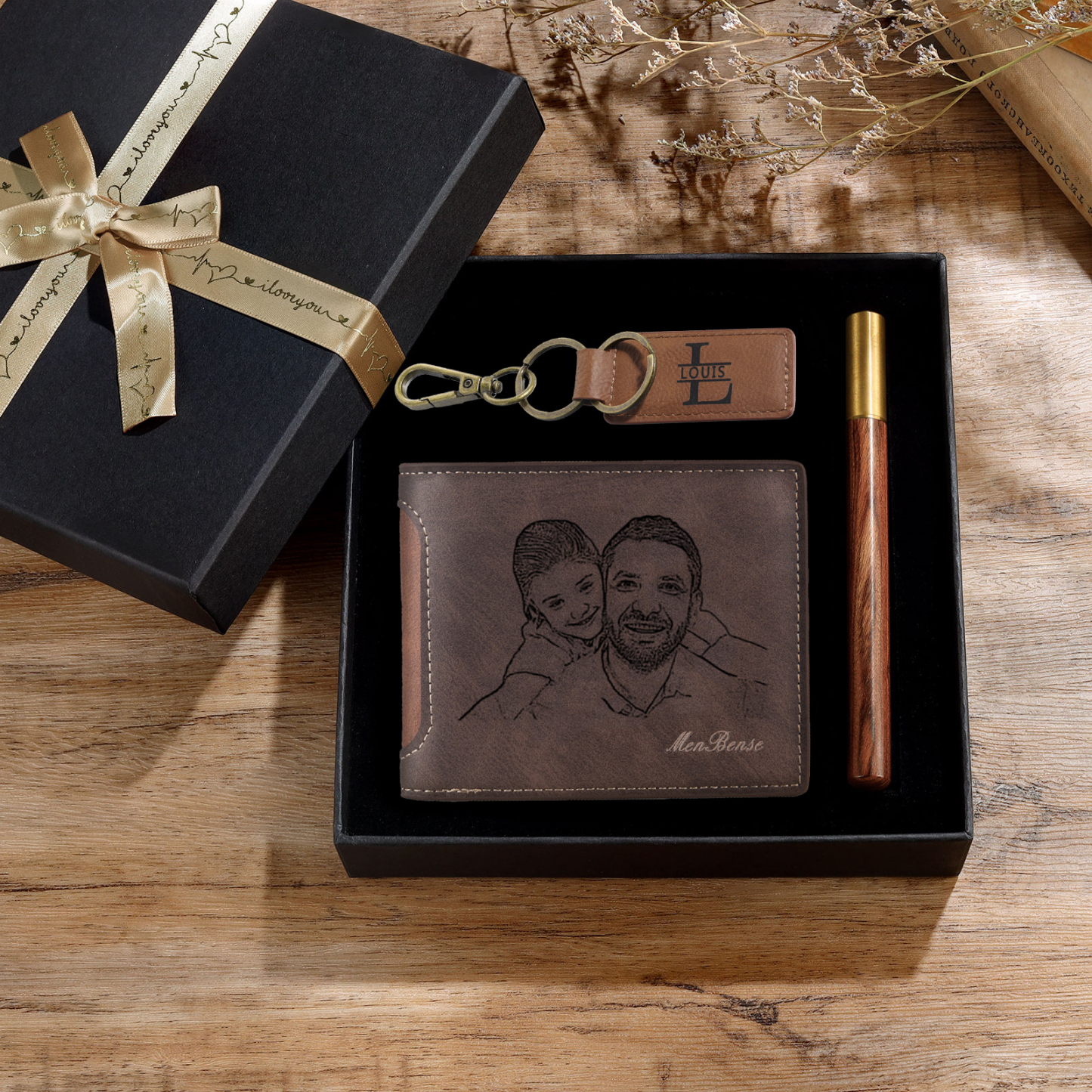 Coffret Cadeau 3PCS - Portefeuille classique Porte-Clés et Stylo 1 Prénom et Lettre Personnalisés avec 1 Photo et Texte Coffret Cadeau pour Homme